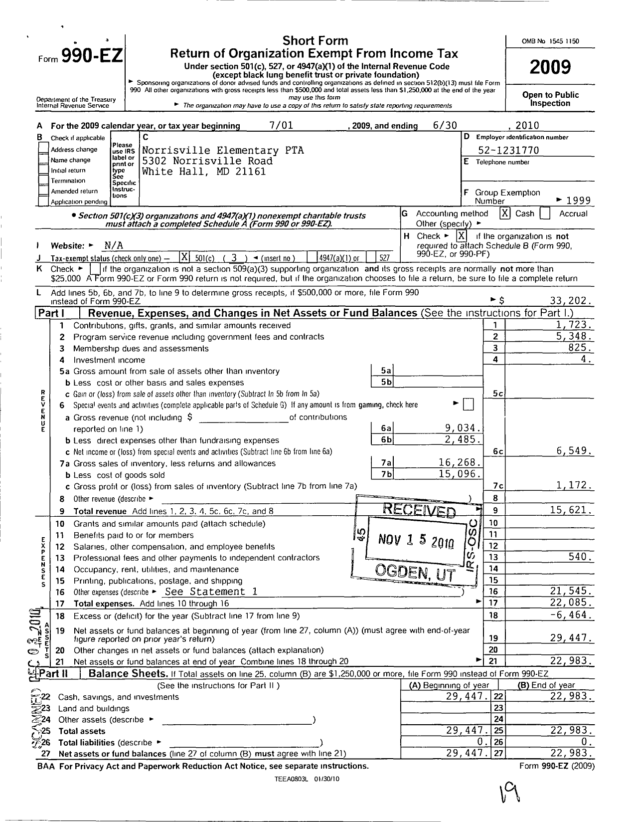 Image of first page of 2009 Form 990EZ for PTA Maryland Congress of Parent and Teachers / Norrisville Elementary PTA