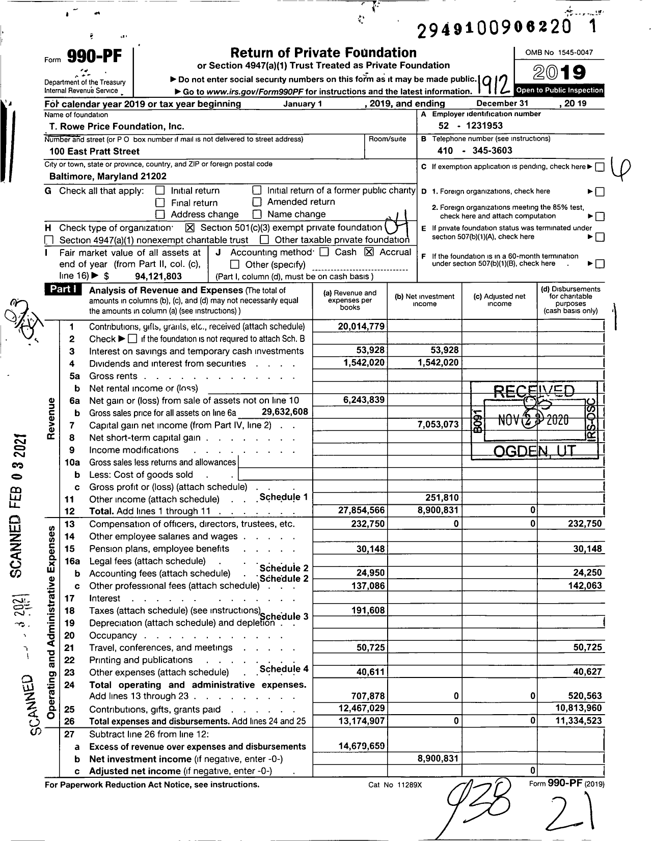 Image of first page of 2019 Form 990PF for T Rowe Price Foundation