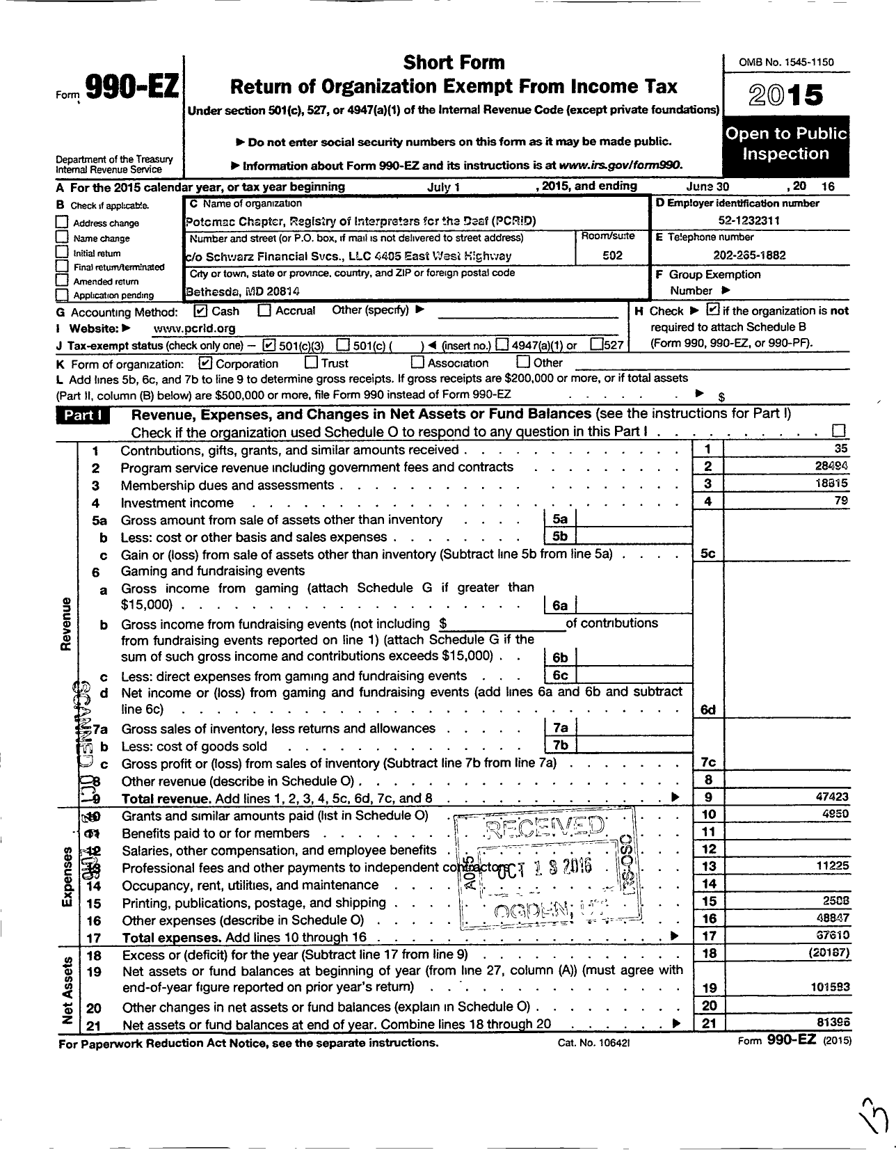 Image of first page of 2015 Form 990EZ for Potomac Chapter Registry of Interpreters for the Deaf