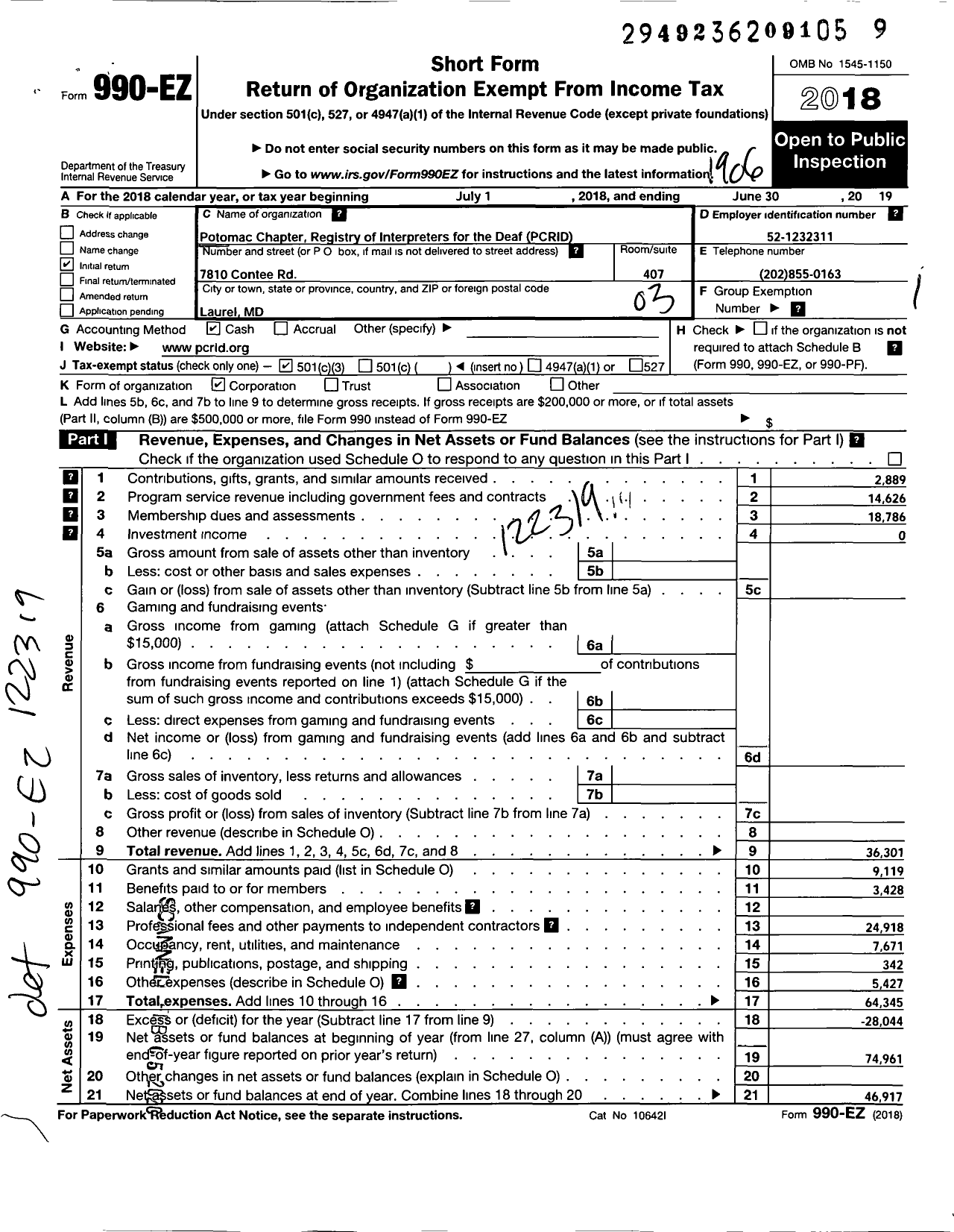 Image of first page of 2018 Form 990EZ for Potomac Chapter Registry of Interpreters for the Deaf