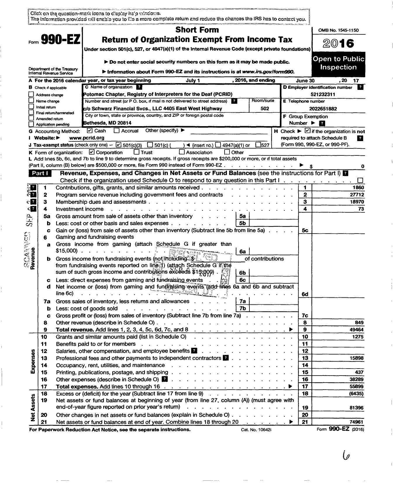 Image of first page of 2016 Form 990EZ for Potomac Chapter Registry of Interpreters for the Deaf