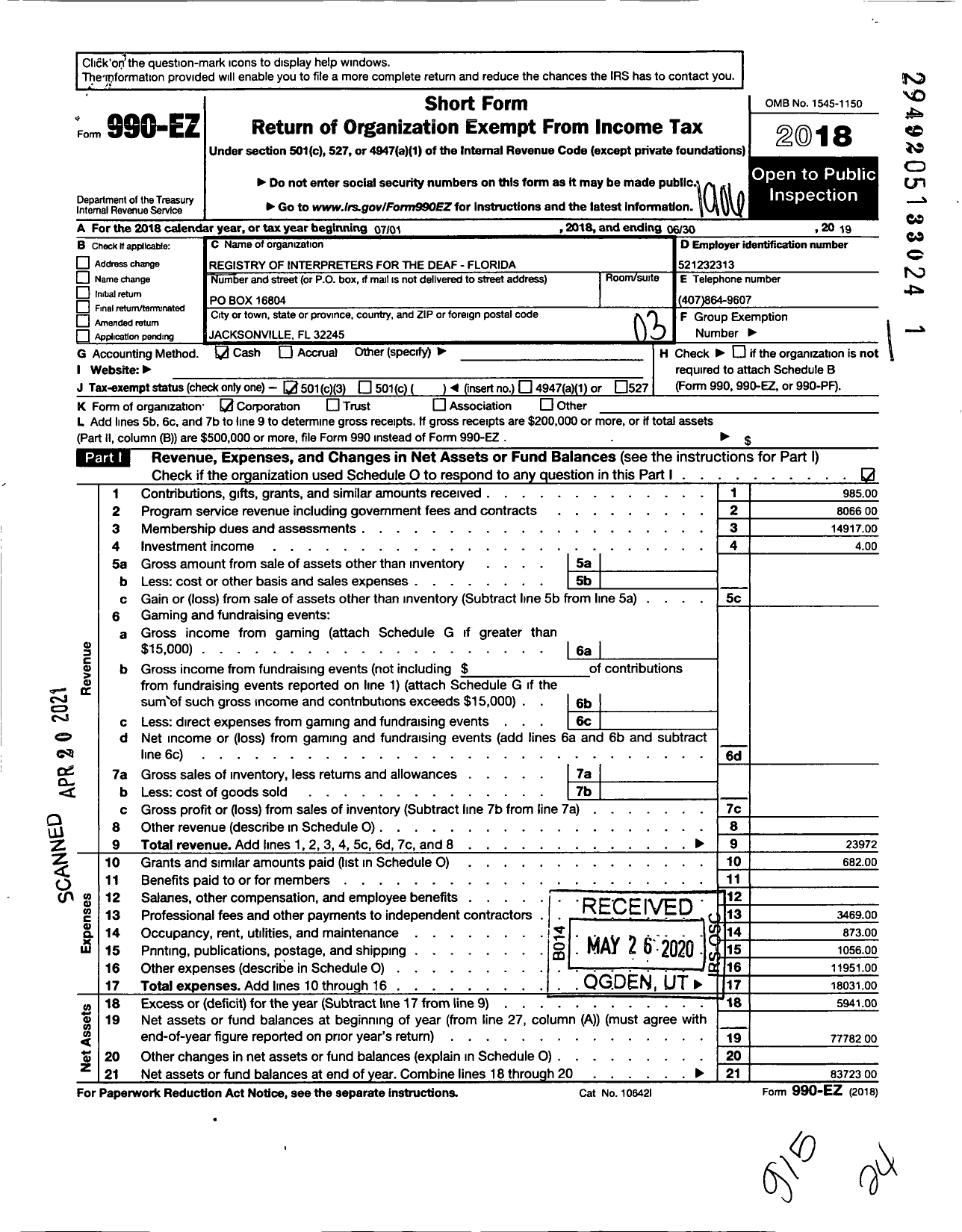 Image of first page of 2018 Form 990EZ for Registry of Interpreters for the Deaf - Florida