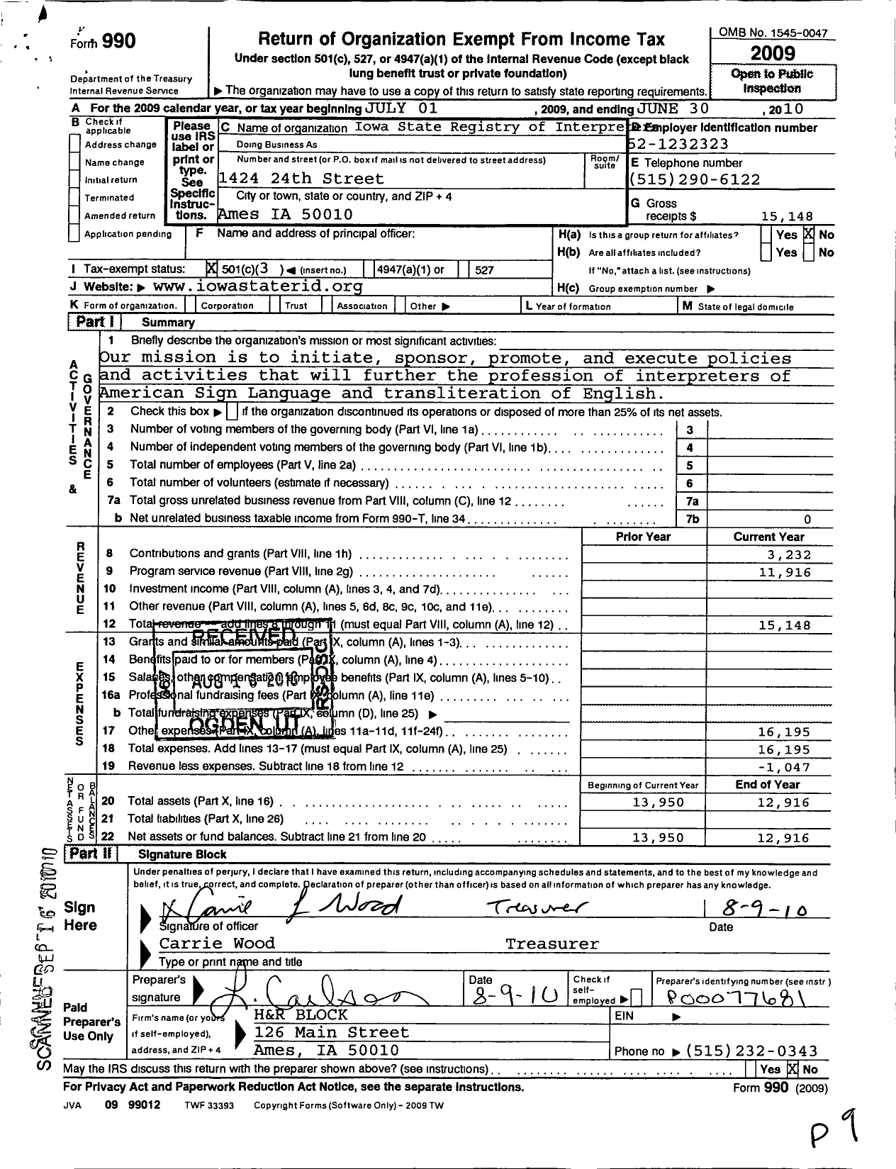 Image of first page of 2009 Form 990 for Registry of Interpreters for the Deaf / Iowa State Rid