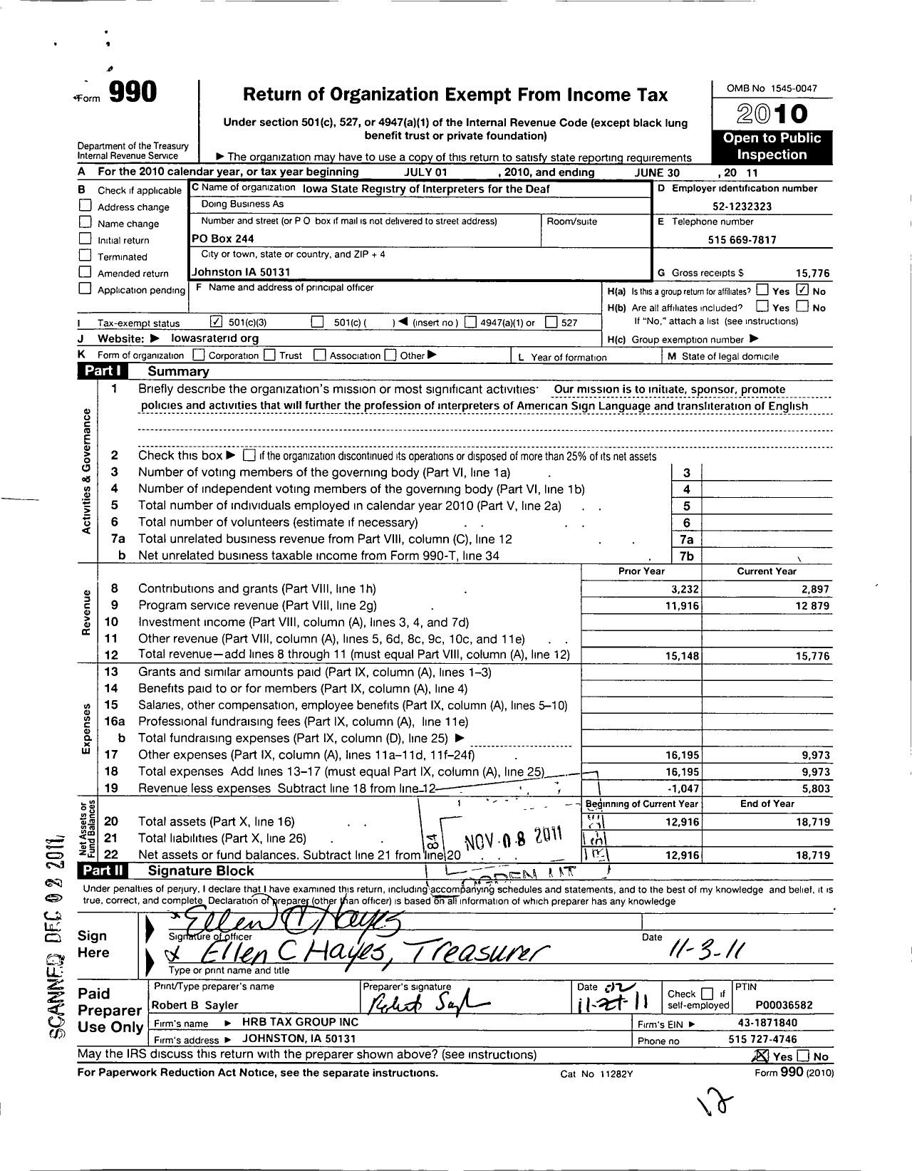 Image of first page of 2010 Form 990 for Registry of Interpreters for the Deaf / Iowa State Rid