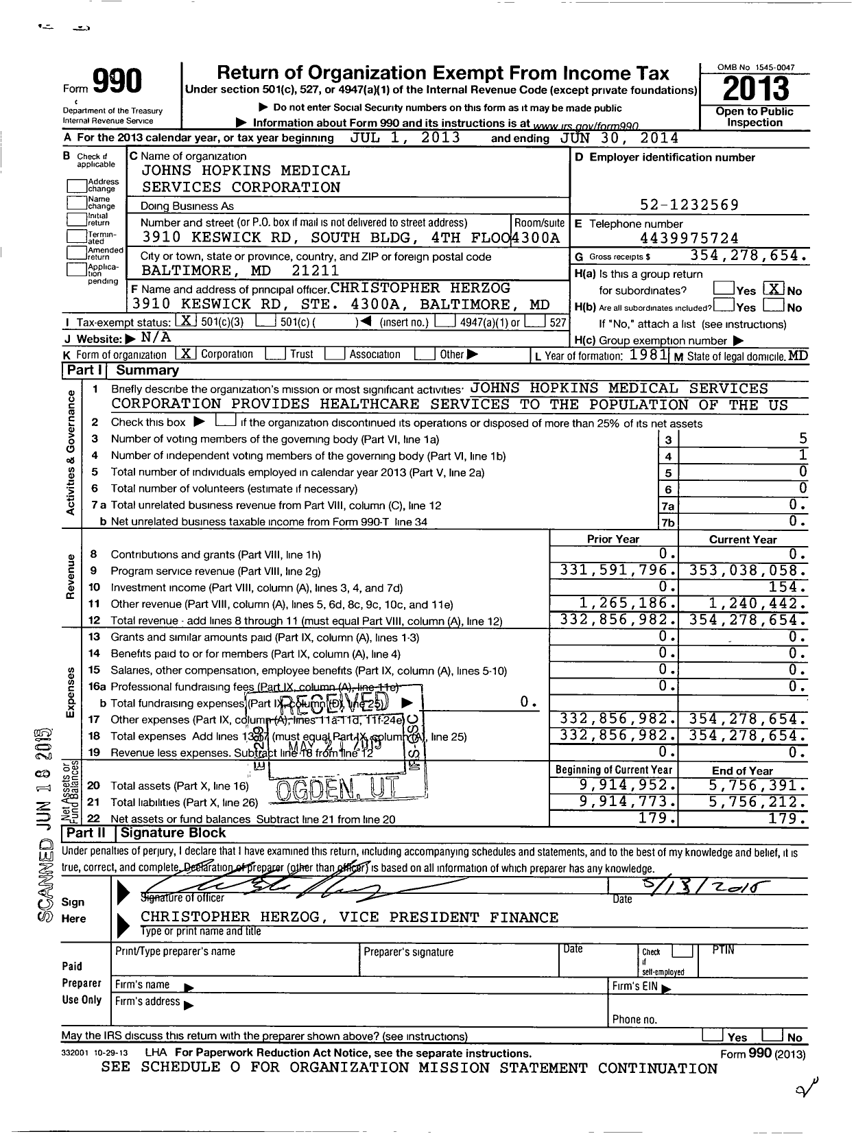Image of first page of 2013 Form 990 for Johns Hopkins Medical Services Corporation