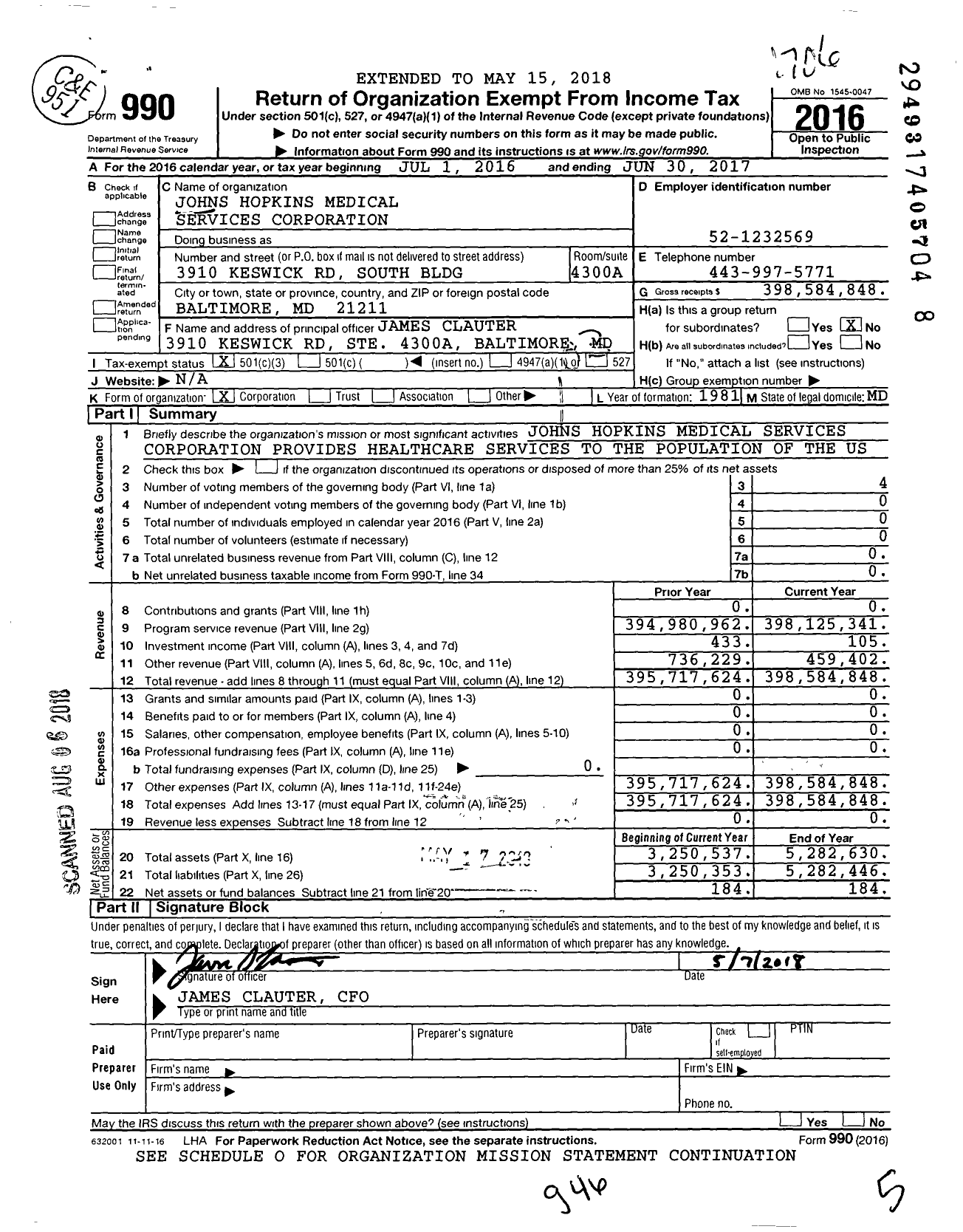 Image of first page of 2016 Form 990 for Johns Hopkins Medical Services Corporation