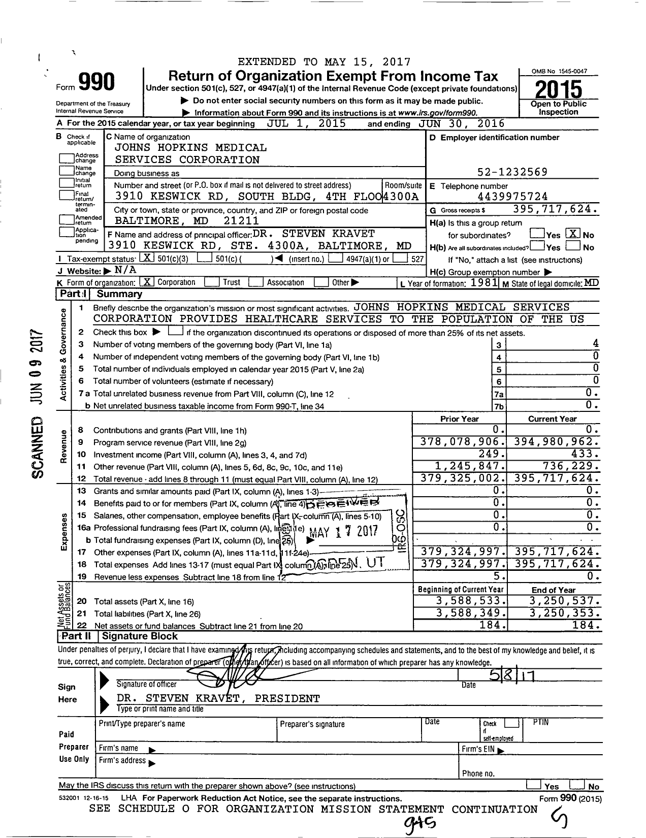 Image of first page of 2015 Form 990 for Johns Hopkins Medical Services Corporation