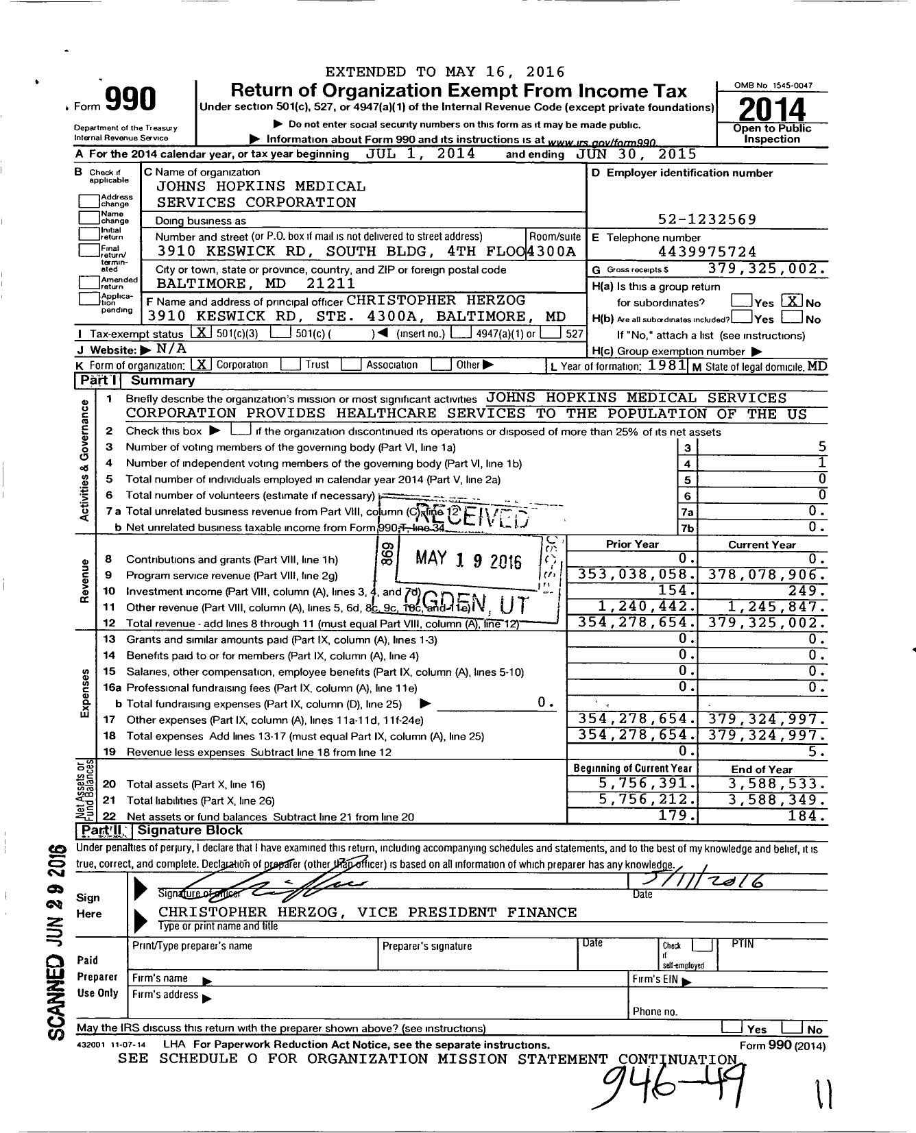 Image of first page of 2014 Form 990 for Johns Hopkins Medical Services Corporation