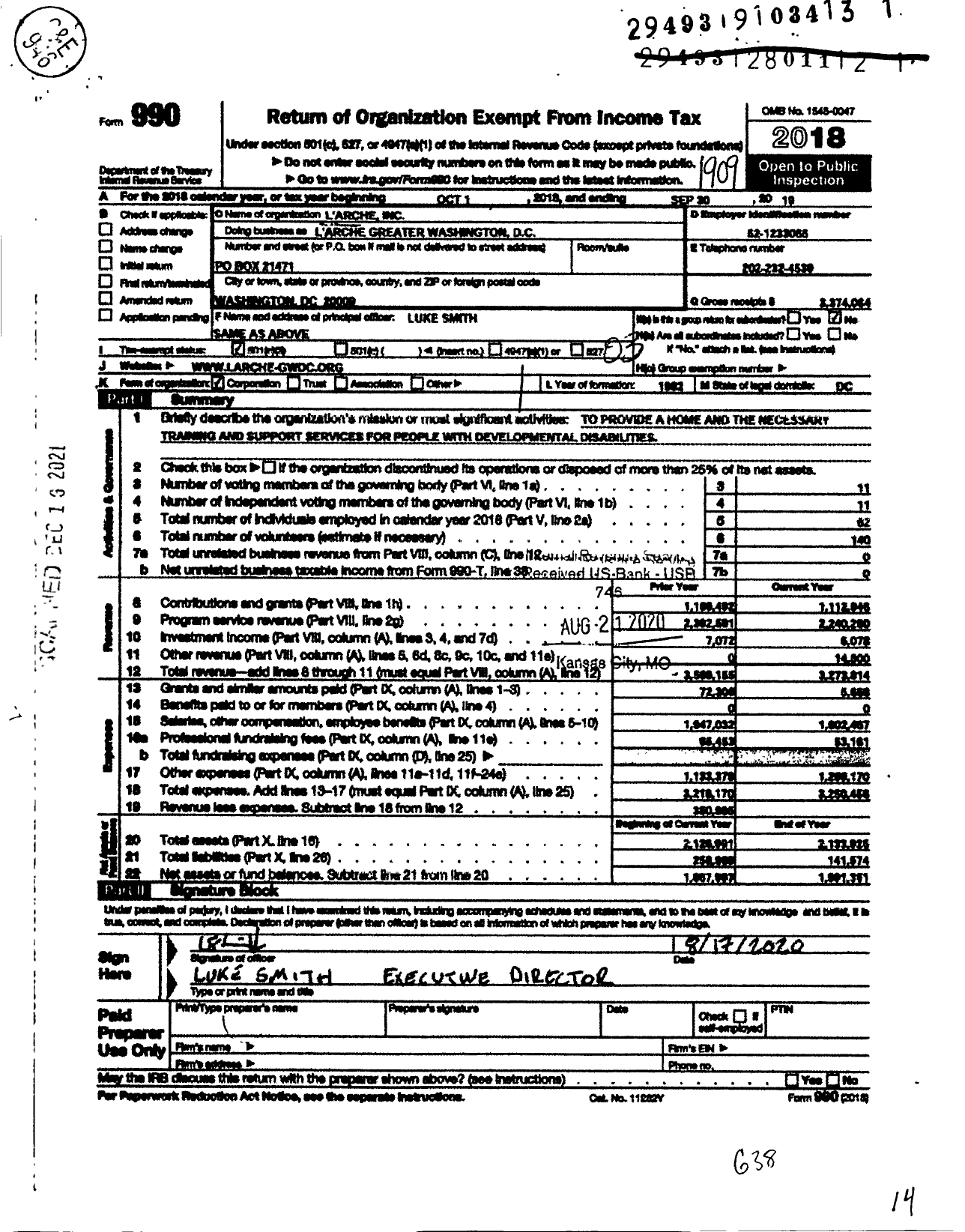 Image of first page of 2018 Form 990 for LARCHE Greater Washington DC