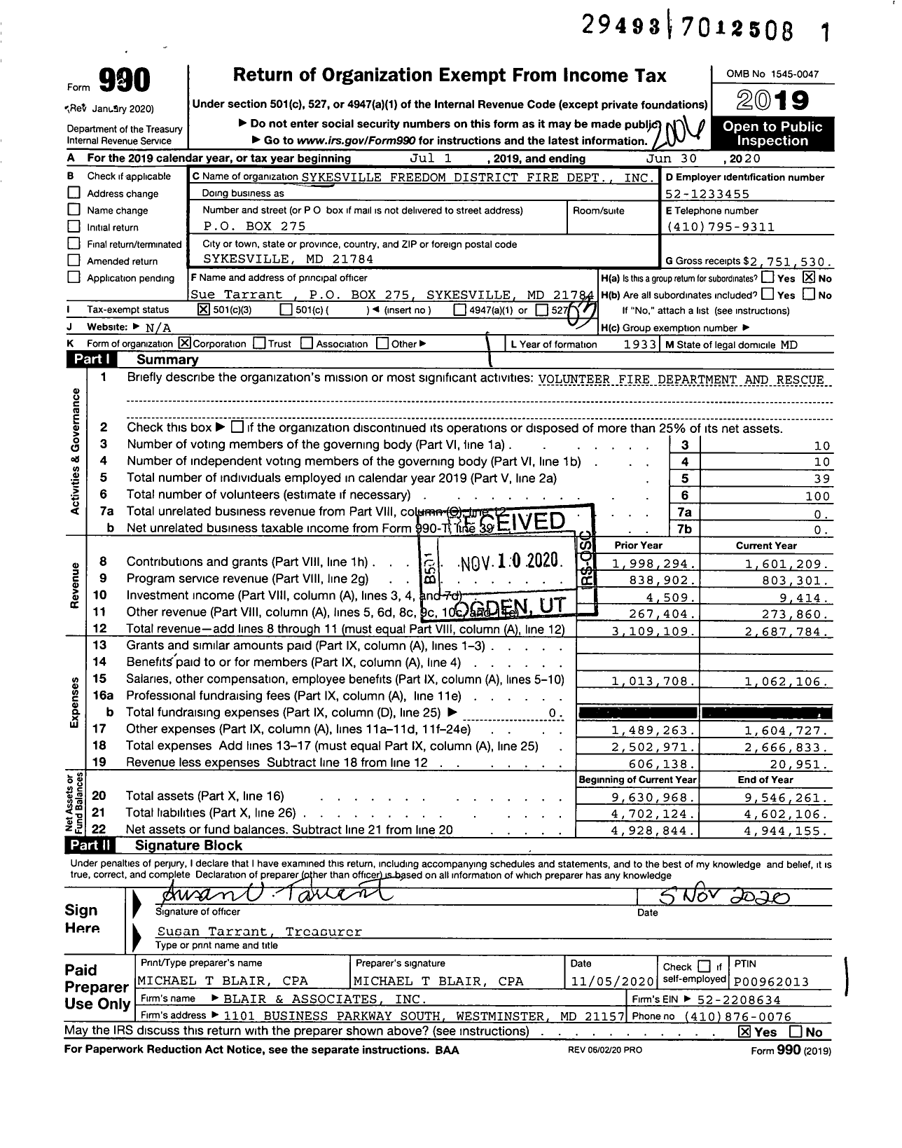 Image of first page of 2019 Form 990 for Sykesville Freedom District Fire Dept