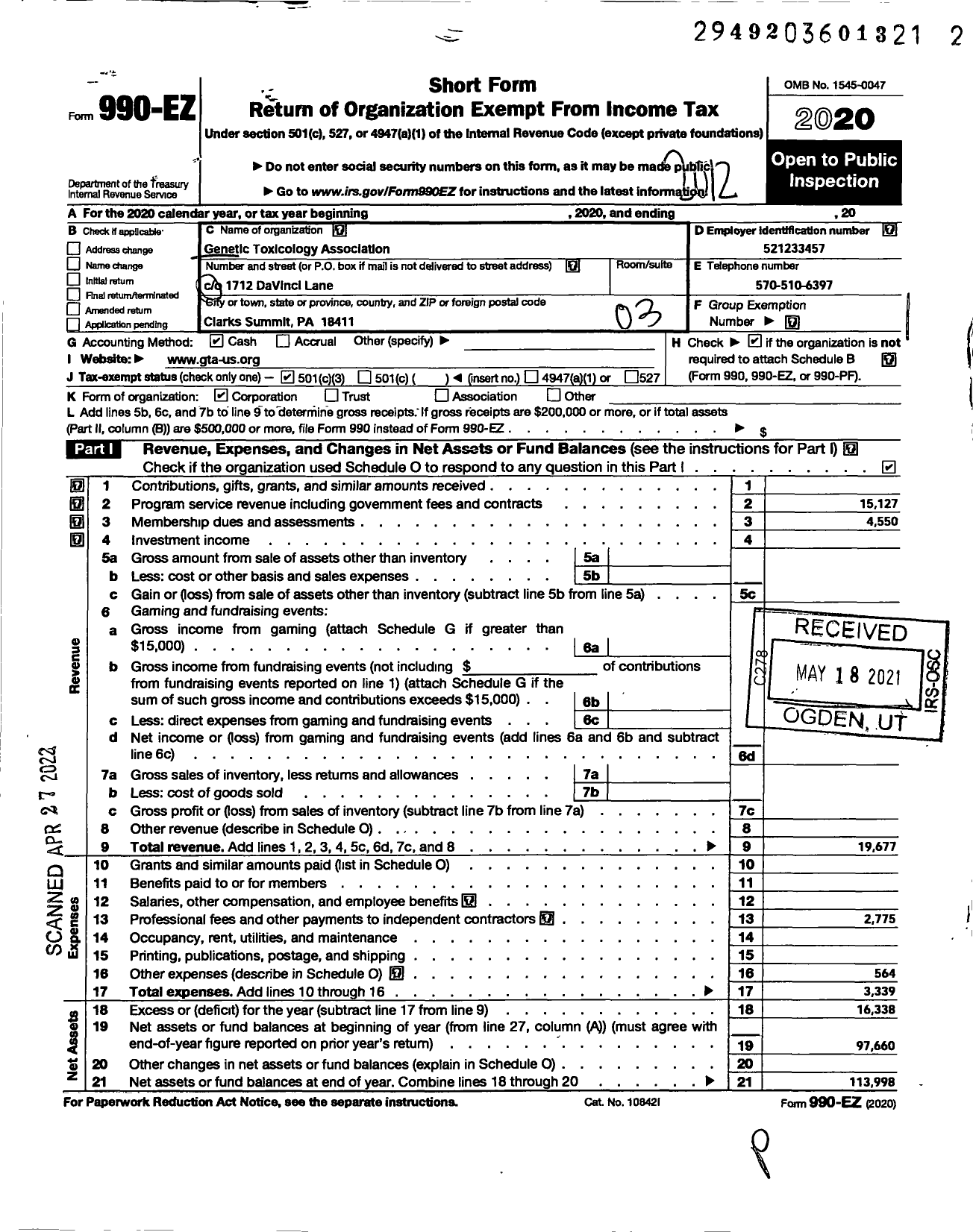 Image of first page of 2020 Form 990EZ for Genetic Toxicology Association