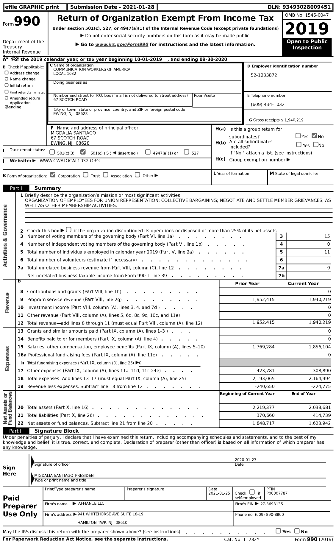 Image of first page of 2019 Form 990 for Communications Workers of America - 1032 Local