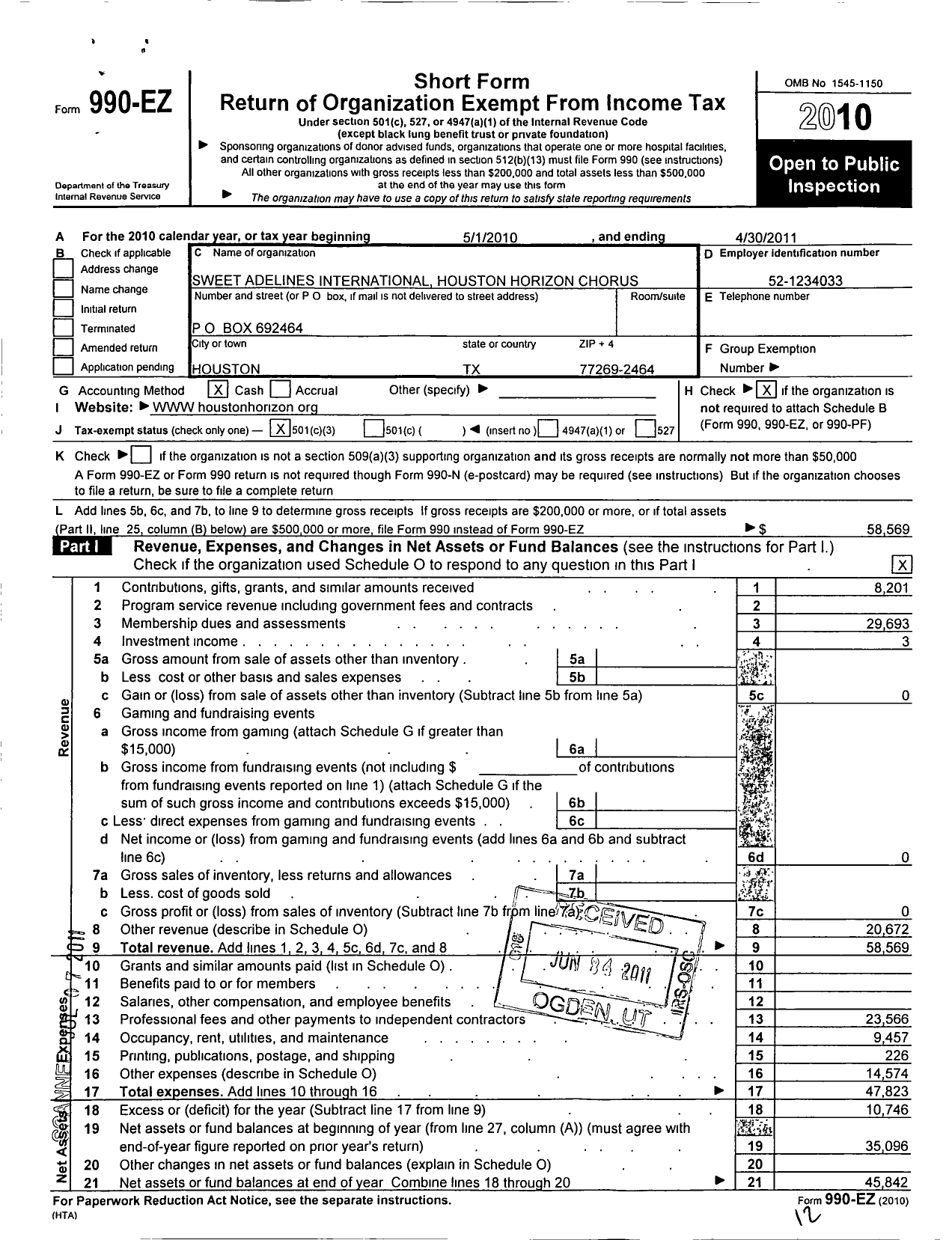 Image of first page of 2010 Form 990EZ for Sweet Adelines International - 110191 Houston Horizon