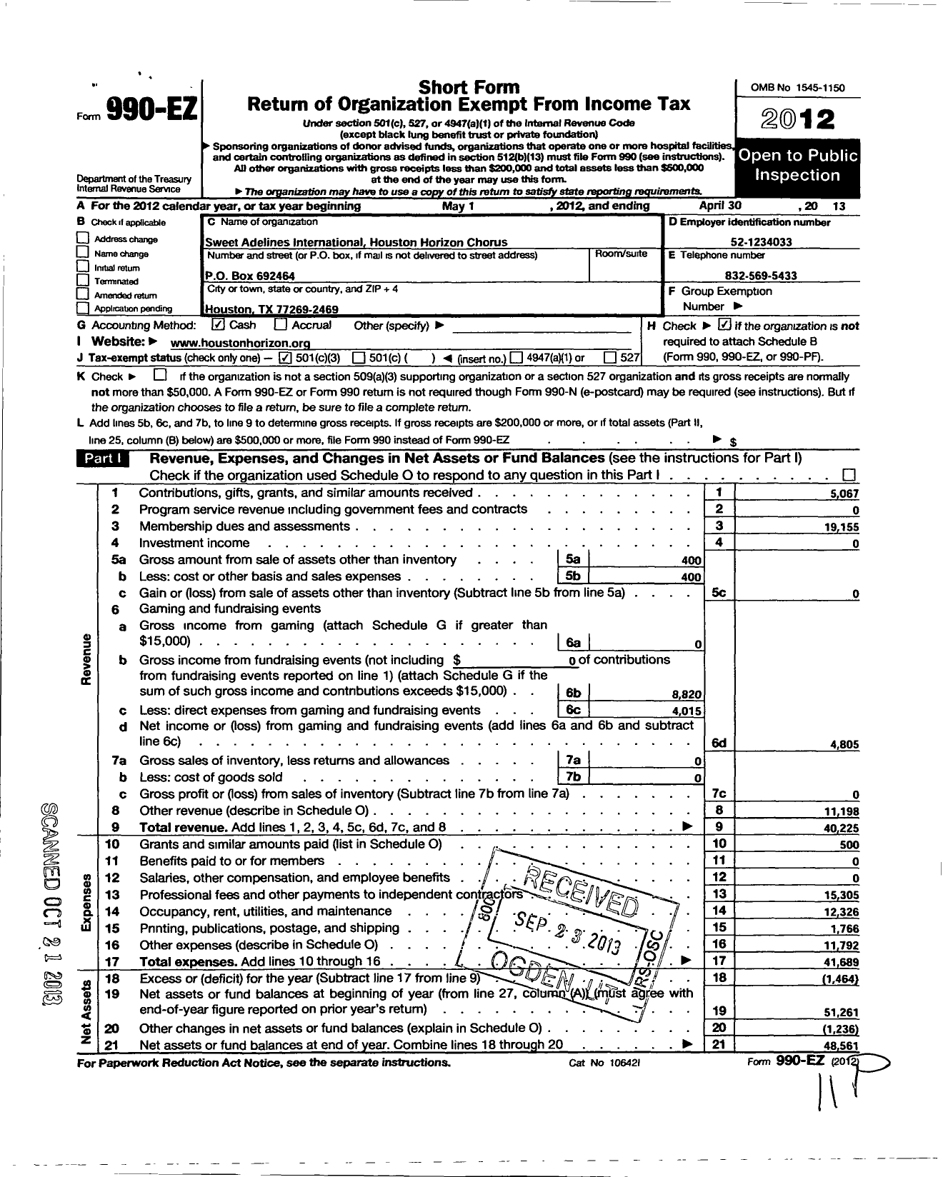 Image of first page of 2012 Form 990EZ for Sweet Adelines International - 110191 Houston Horizon