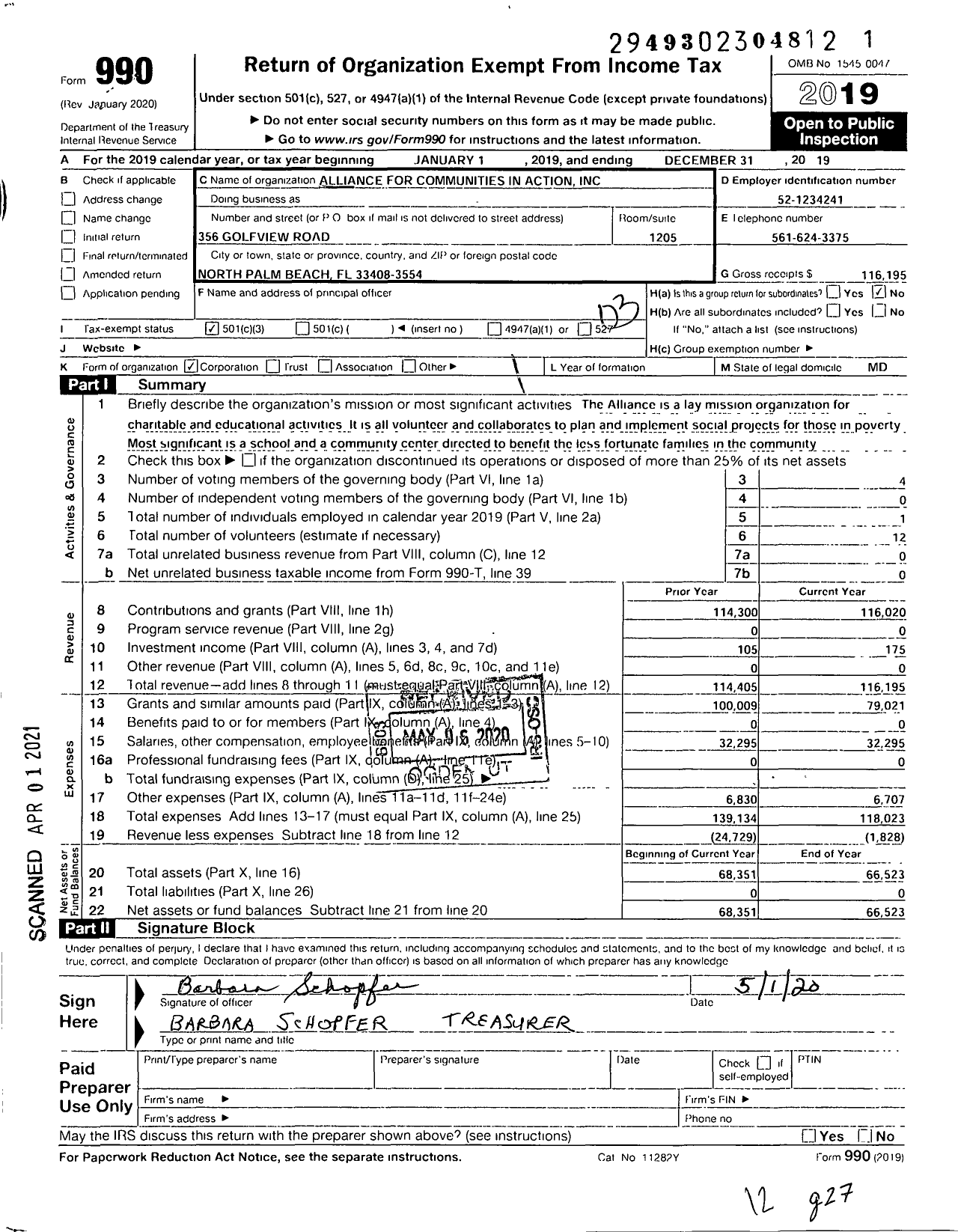 Image of first page of 2019 Form 990 for Alliance for Communities in Action