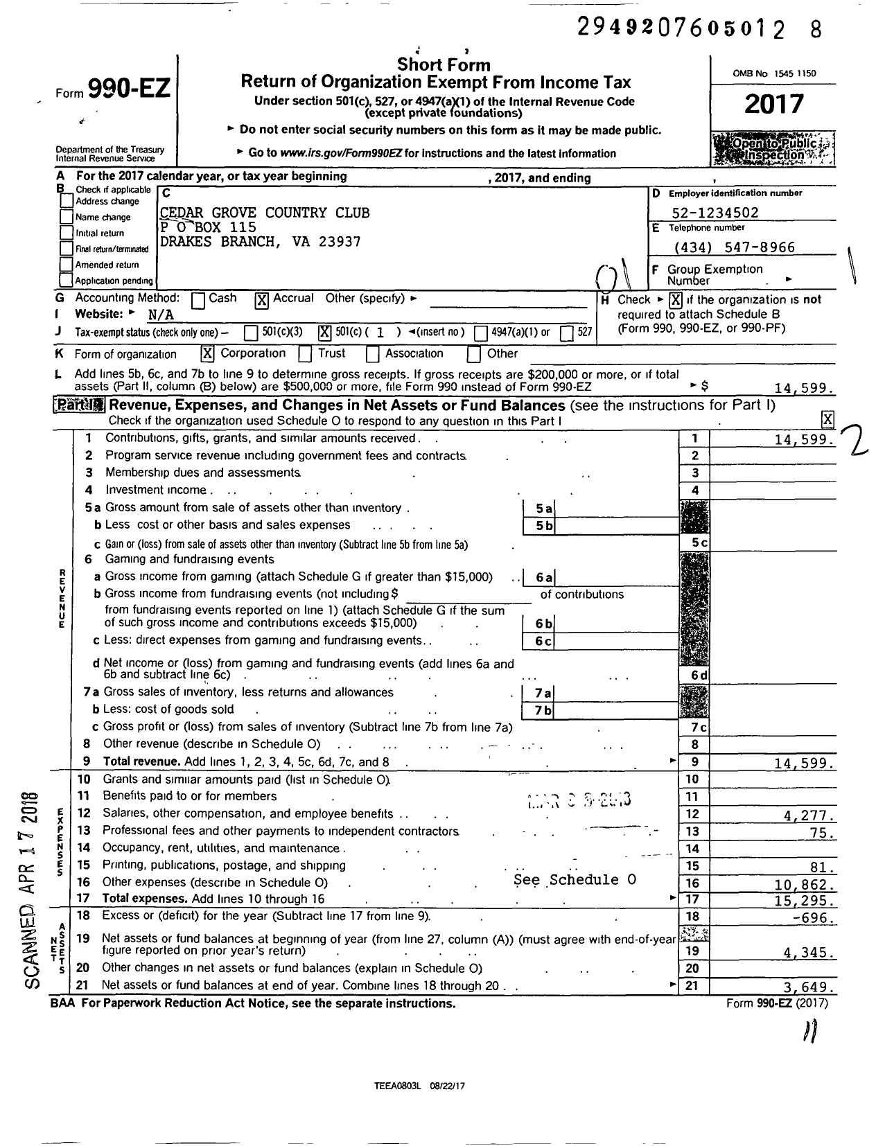 Image of first page of 2017 Form 990EO for Cedar Grove Country Club