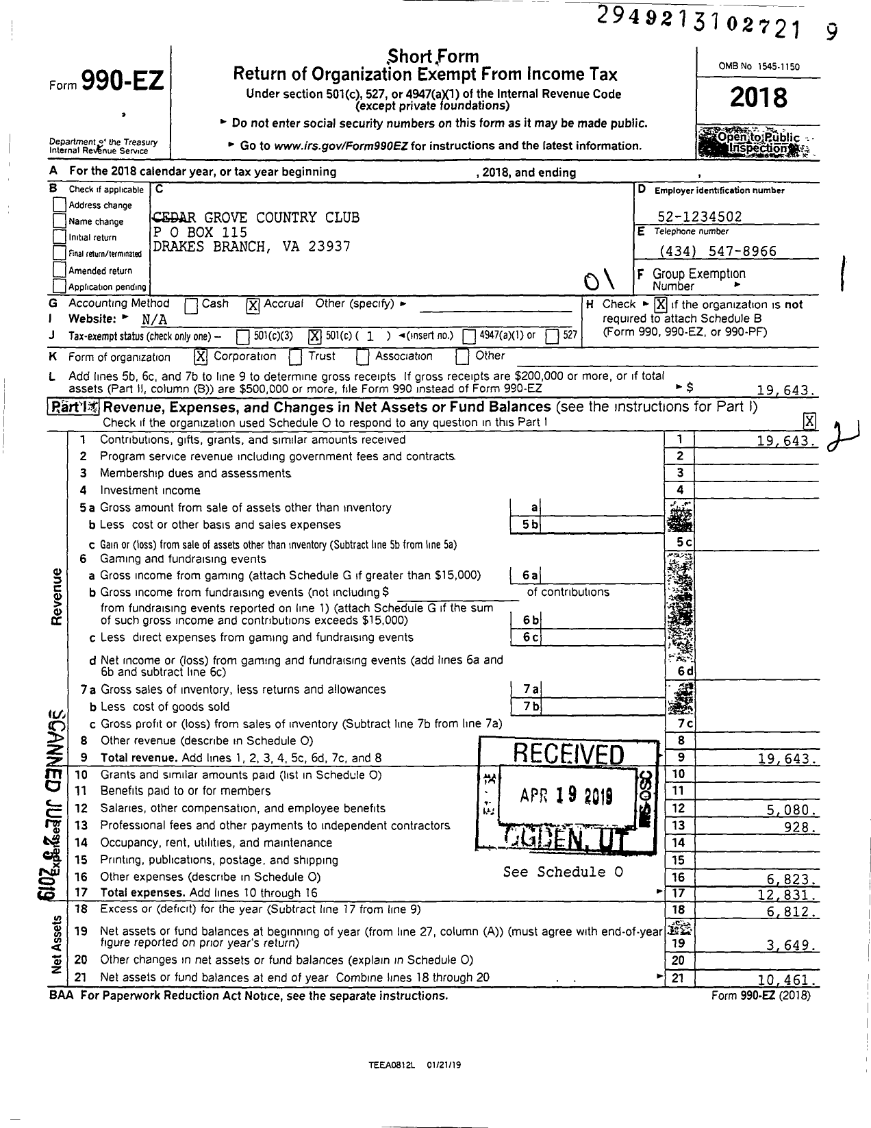 Image of first page of 2018 Form 990EO for Cedar Grove Country Club