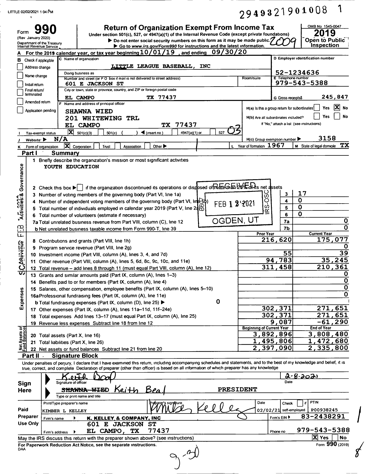 Image of first page of 2019 Form 990 for Little League Baseball - 3431807 El Campo LL