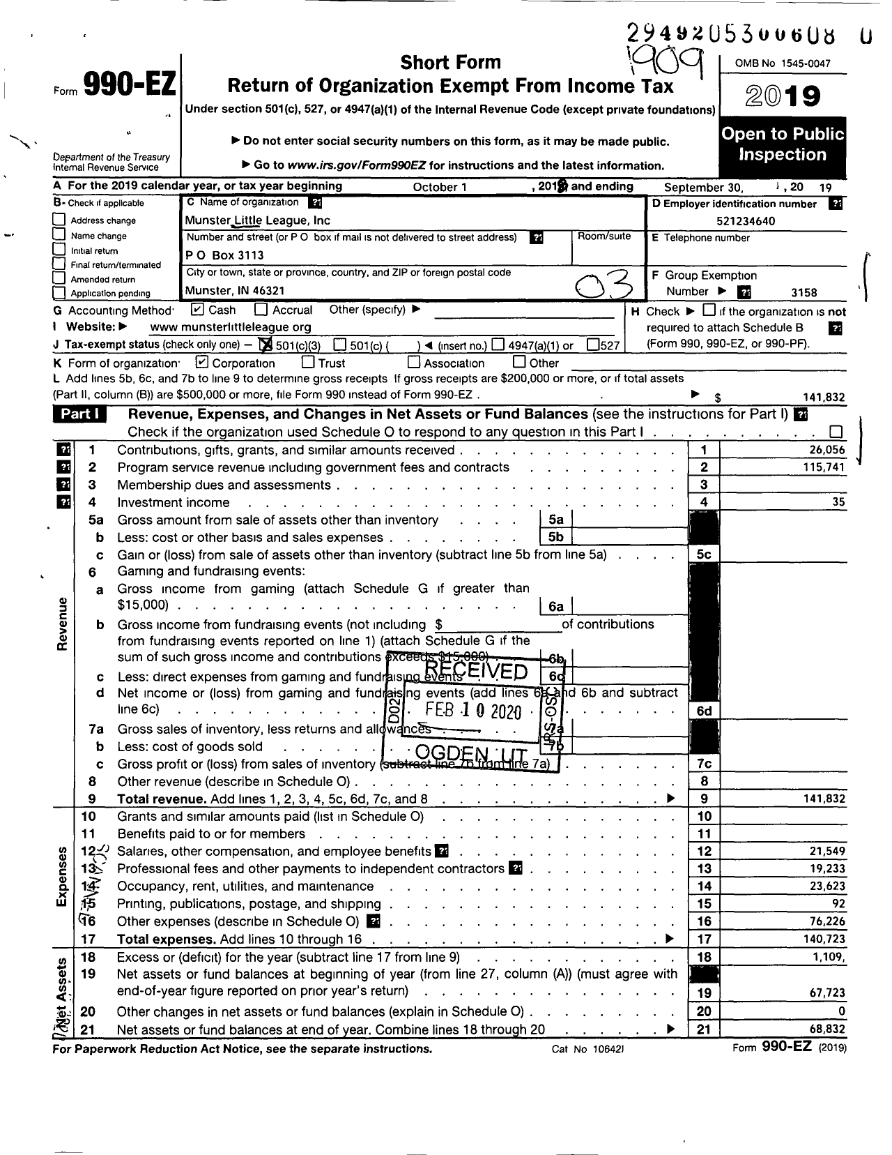 Image of first page of 2018 Form 990EZ for Little League Baseball - 1140222 Munster LL