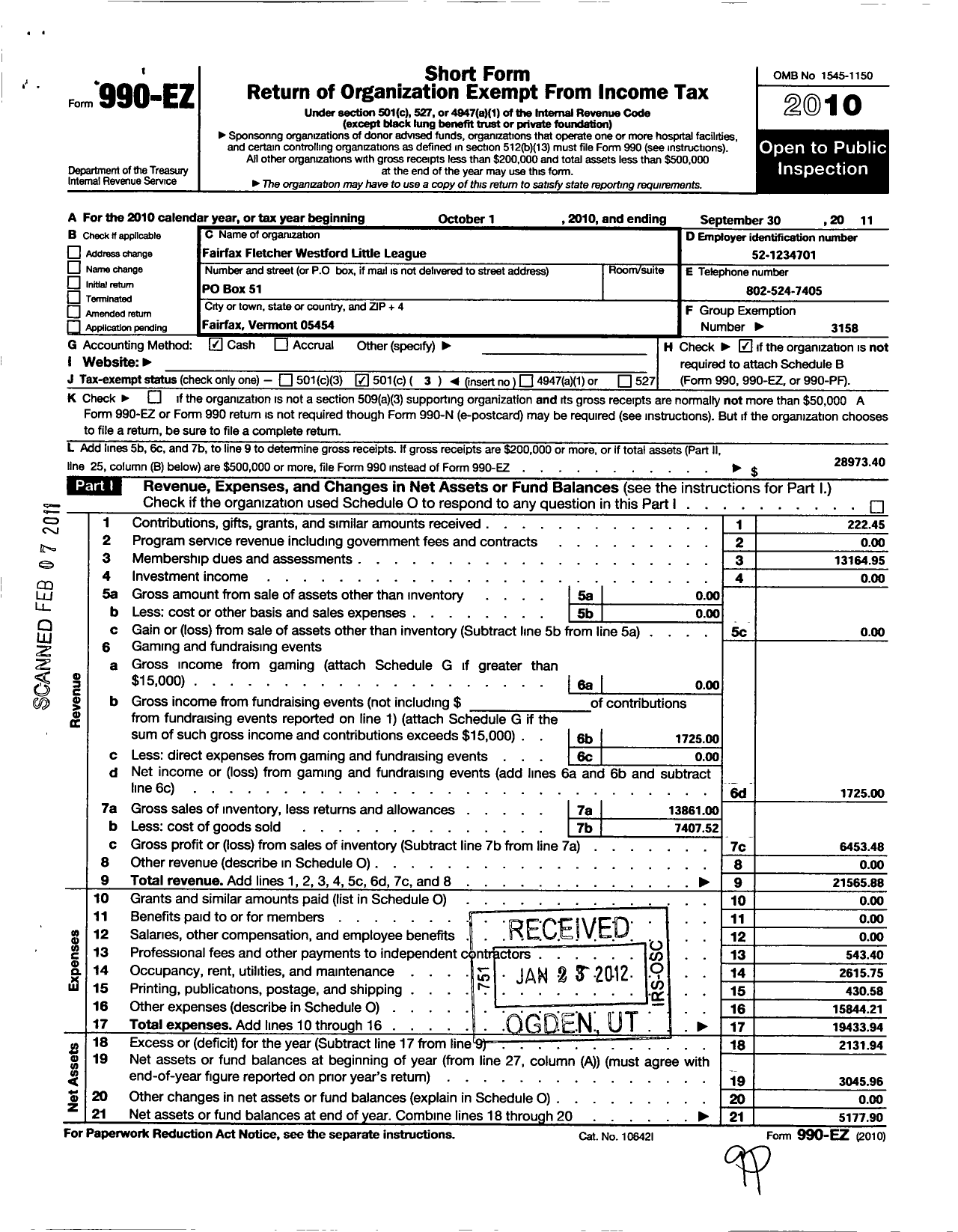 Image of first page of 2010 Form 990EZ for Little League Baseball - 2450303 Fairfax Fletcher Westford L