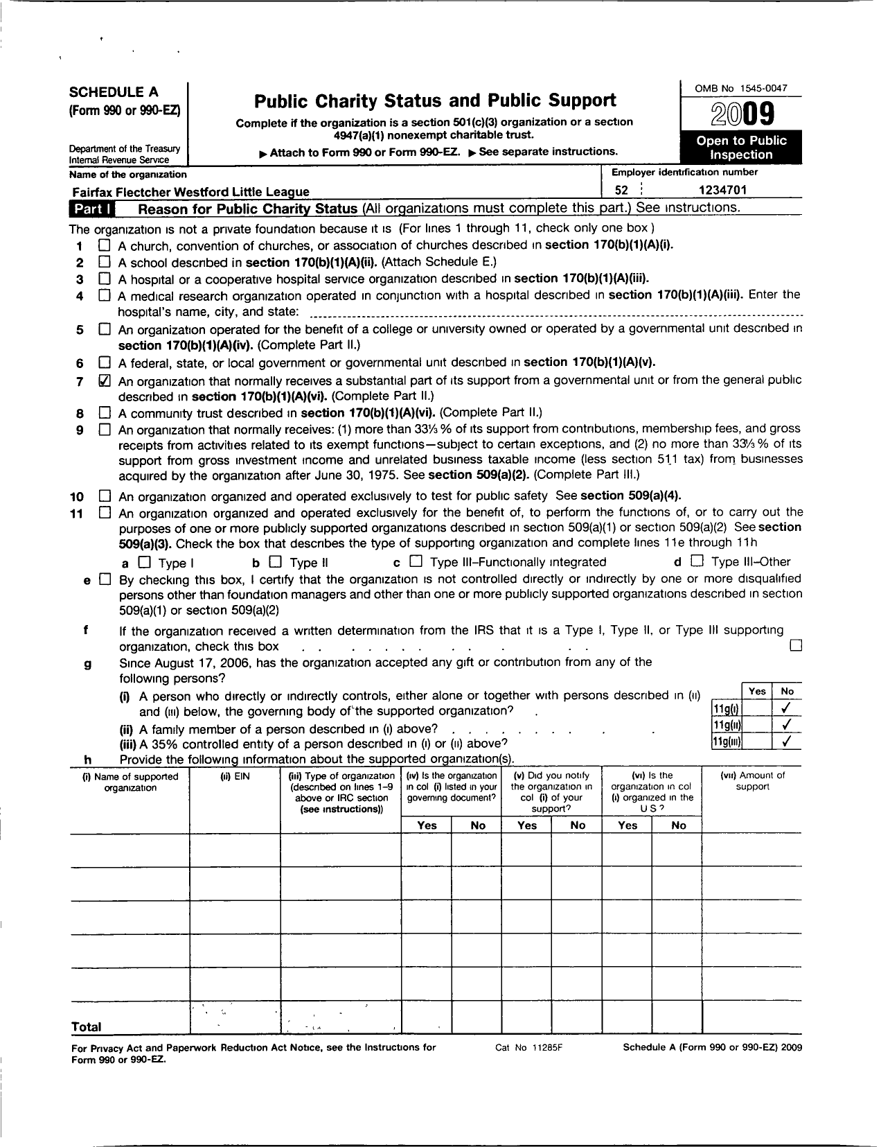 Image of first page of 2009 Form 990ER for Little League Baseball - 2450303 Fairfax Fletcher Westford L