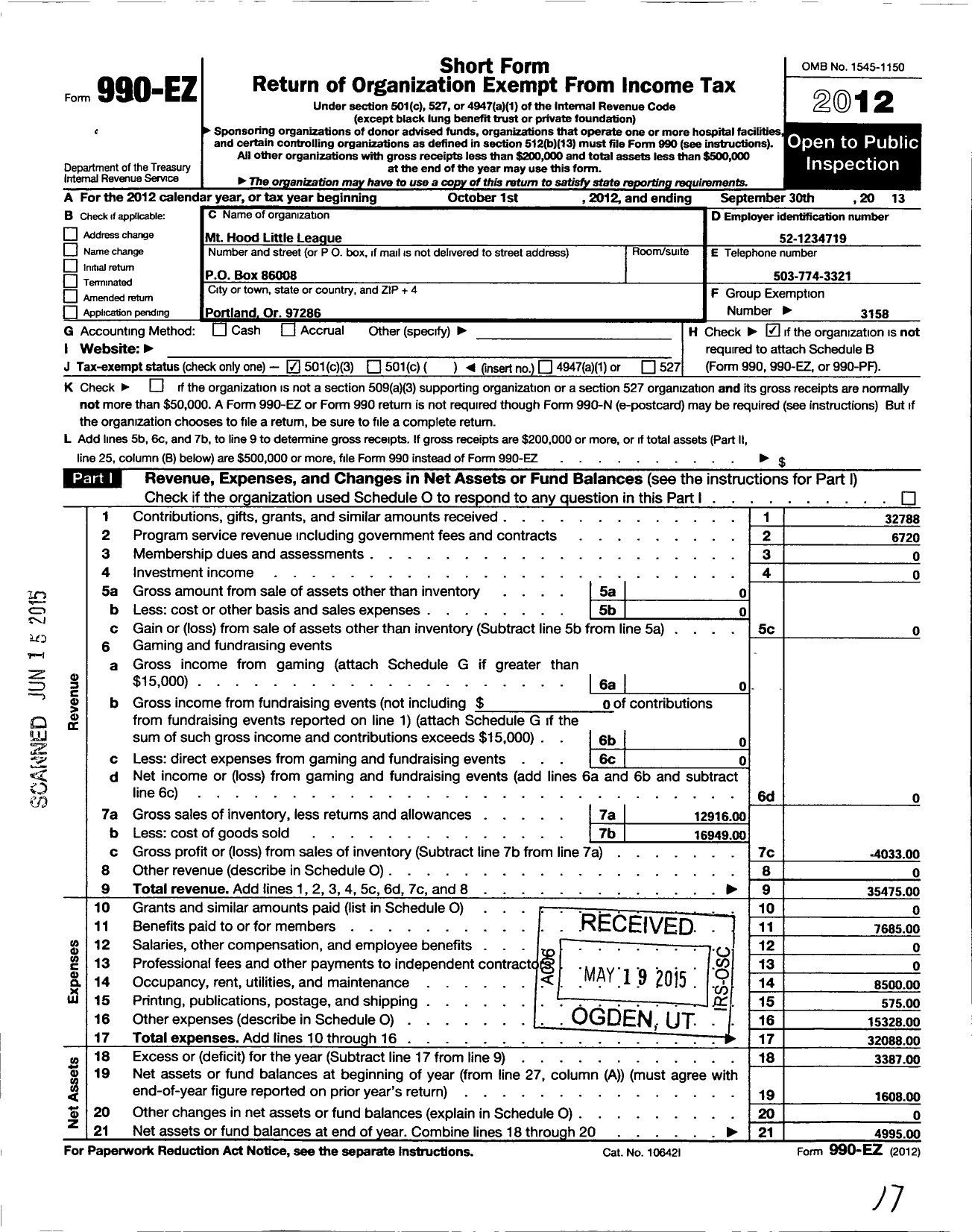 Image of first page of 2012 Form 990EZ for Little League Baseball - 4370207 Mount Hood LL