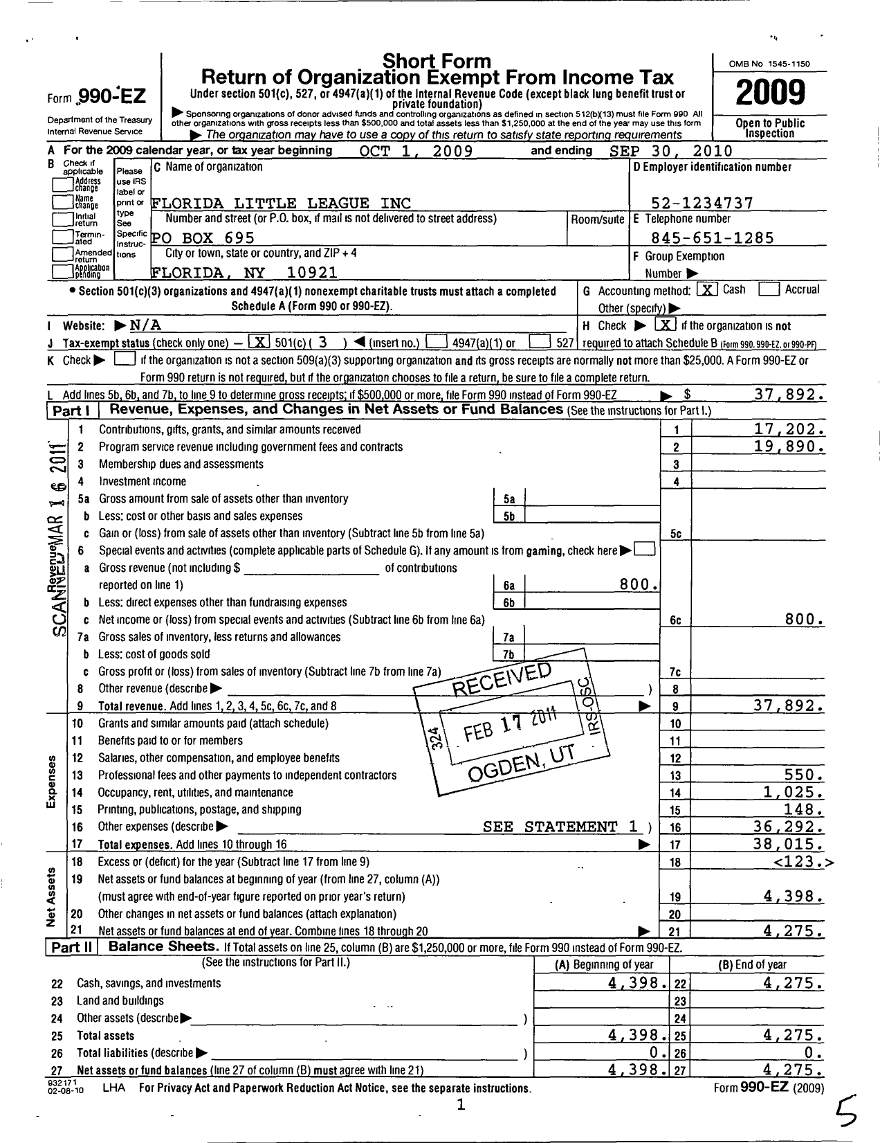 Image of first page of 2009 Form 990EZ for Little League Baseball - 2321902 Florida LL