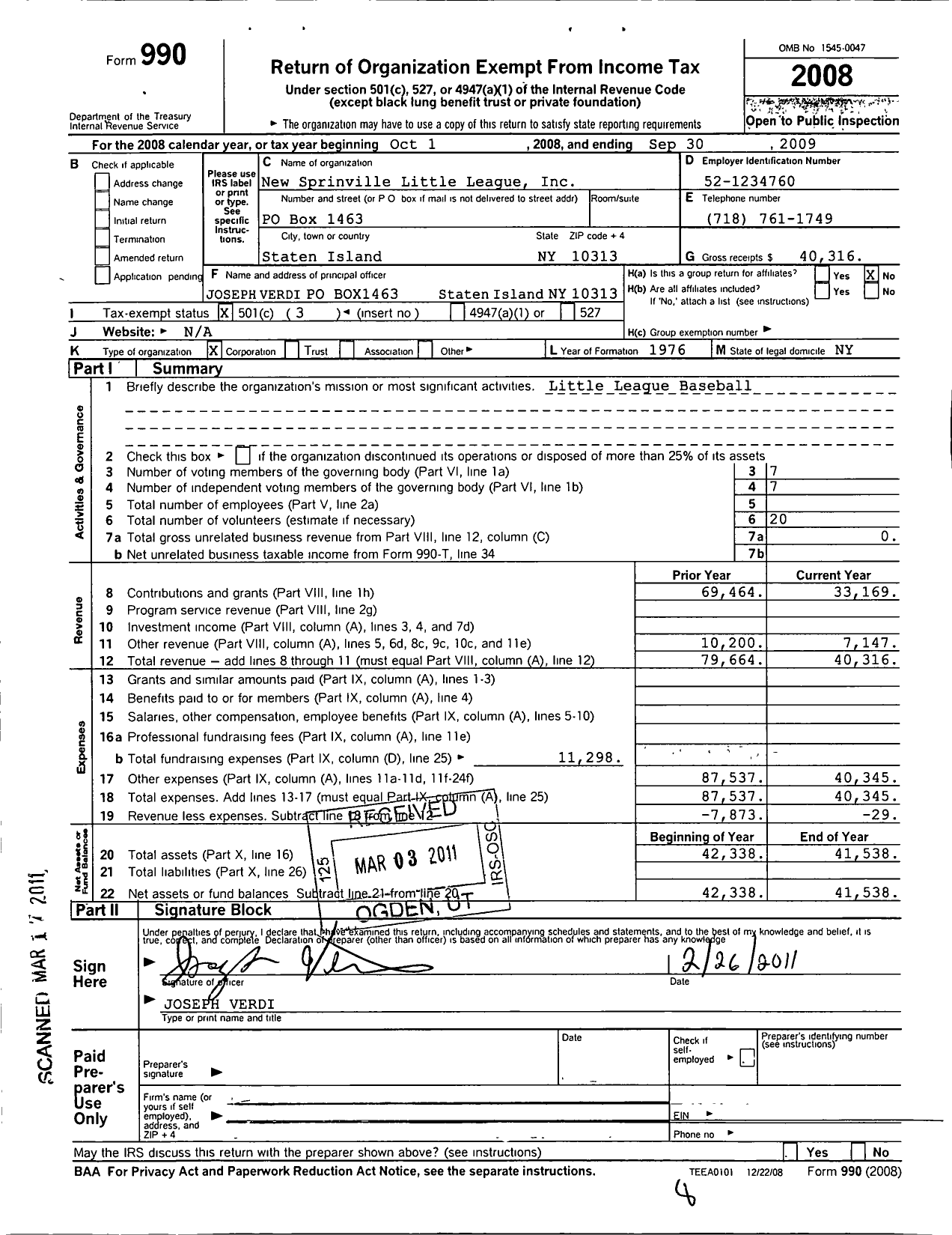 Image of first page of 2008 Form 990 for Little League Baseball - 2322402 New Springville LL