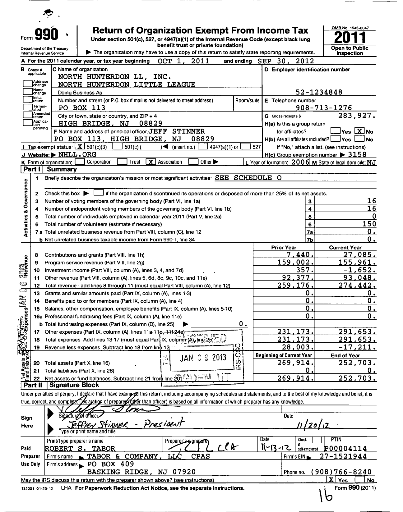 Image of first page of 2011 Form 990 for Little League Baseball - North Hunterdon Little League