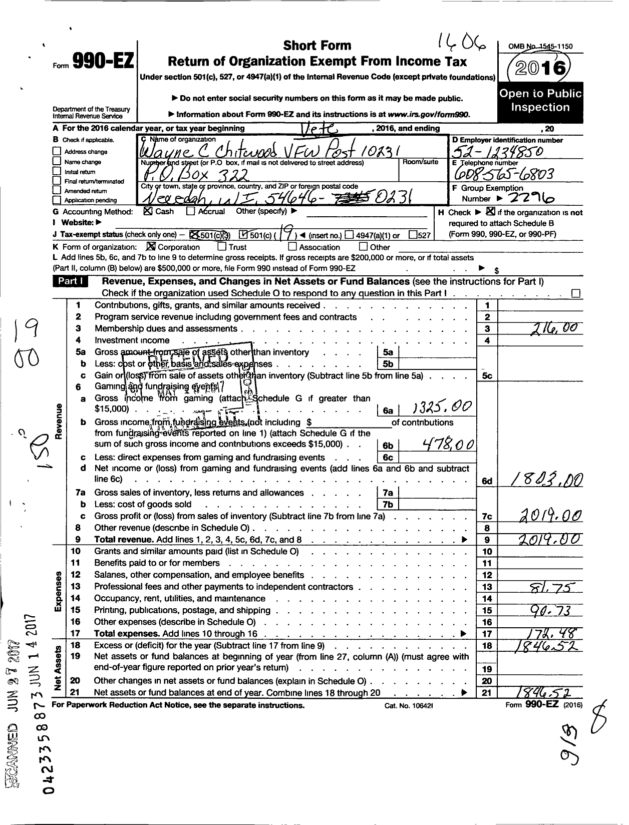 Image of first page of 2015 Form 990EO for VFW Wi - 10231 Wayne C Chitwood Post