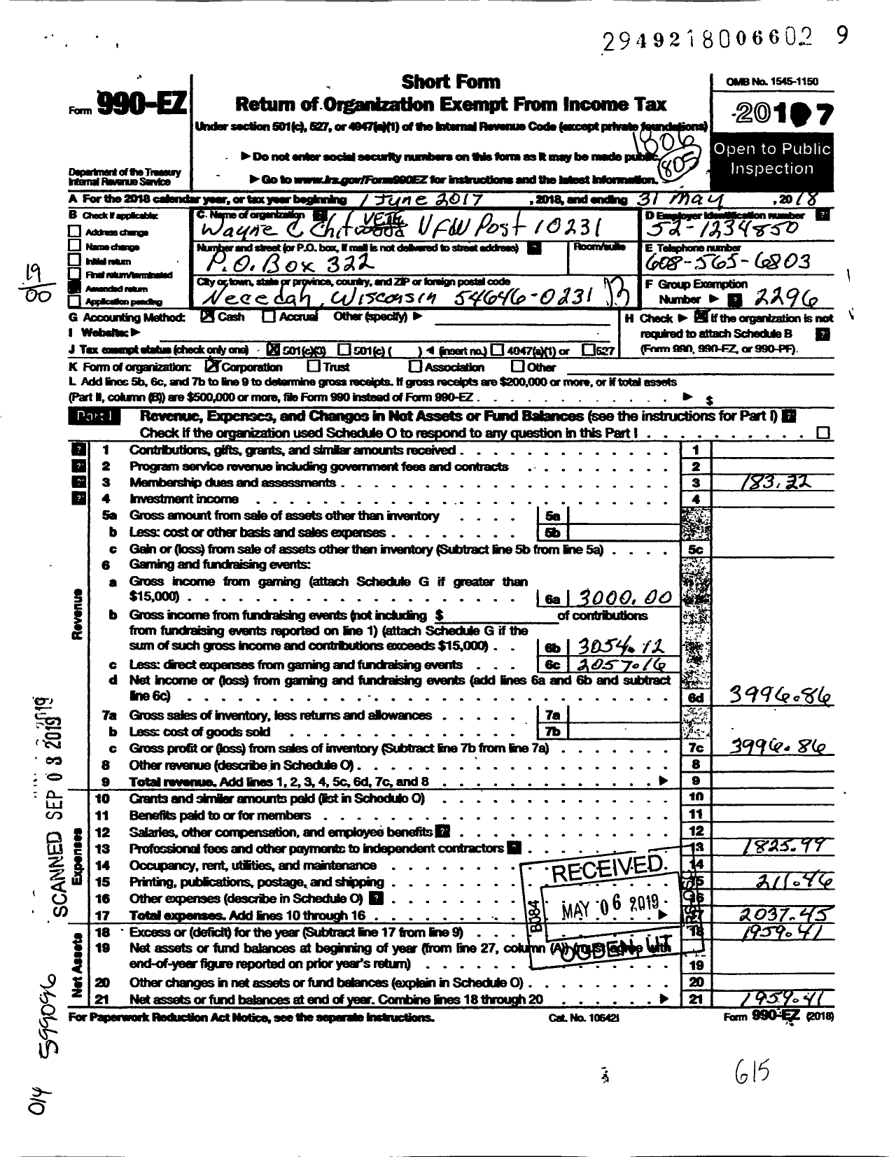 Image of first page of 2017 Form 990EO for VFW Wi - 10231 Wayne C Chitwood Post