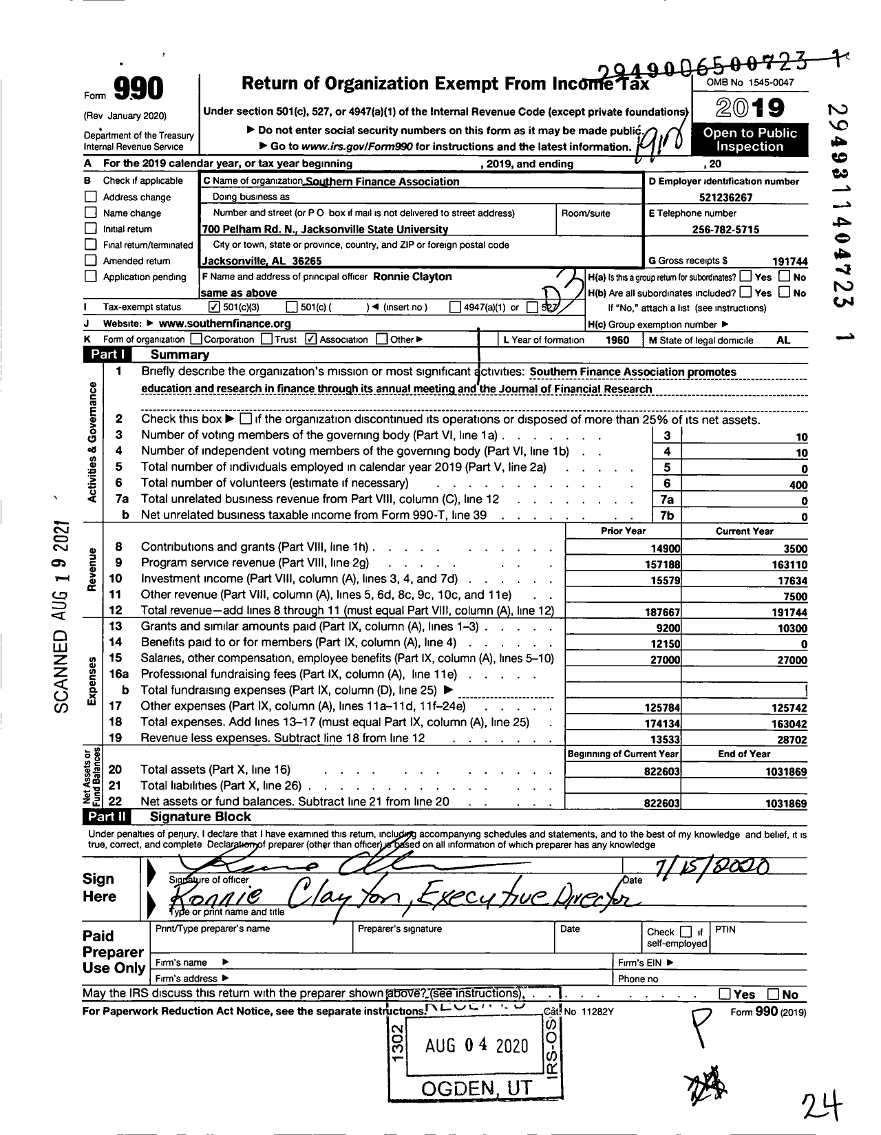 Image of first page of 2019 Form 990 for Southern Finance Association