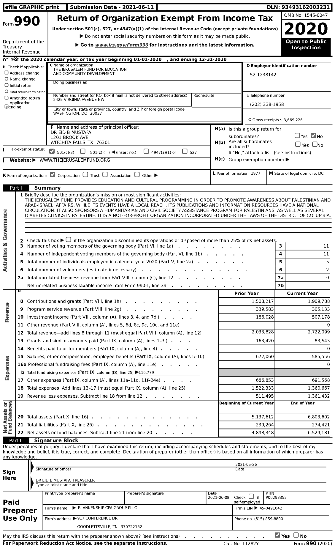 Image of first page of 2020 Form 990 for The Jerusalem Fund for Education and Community Development