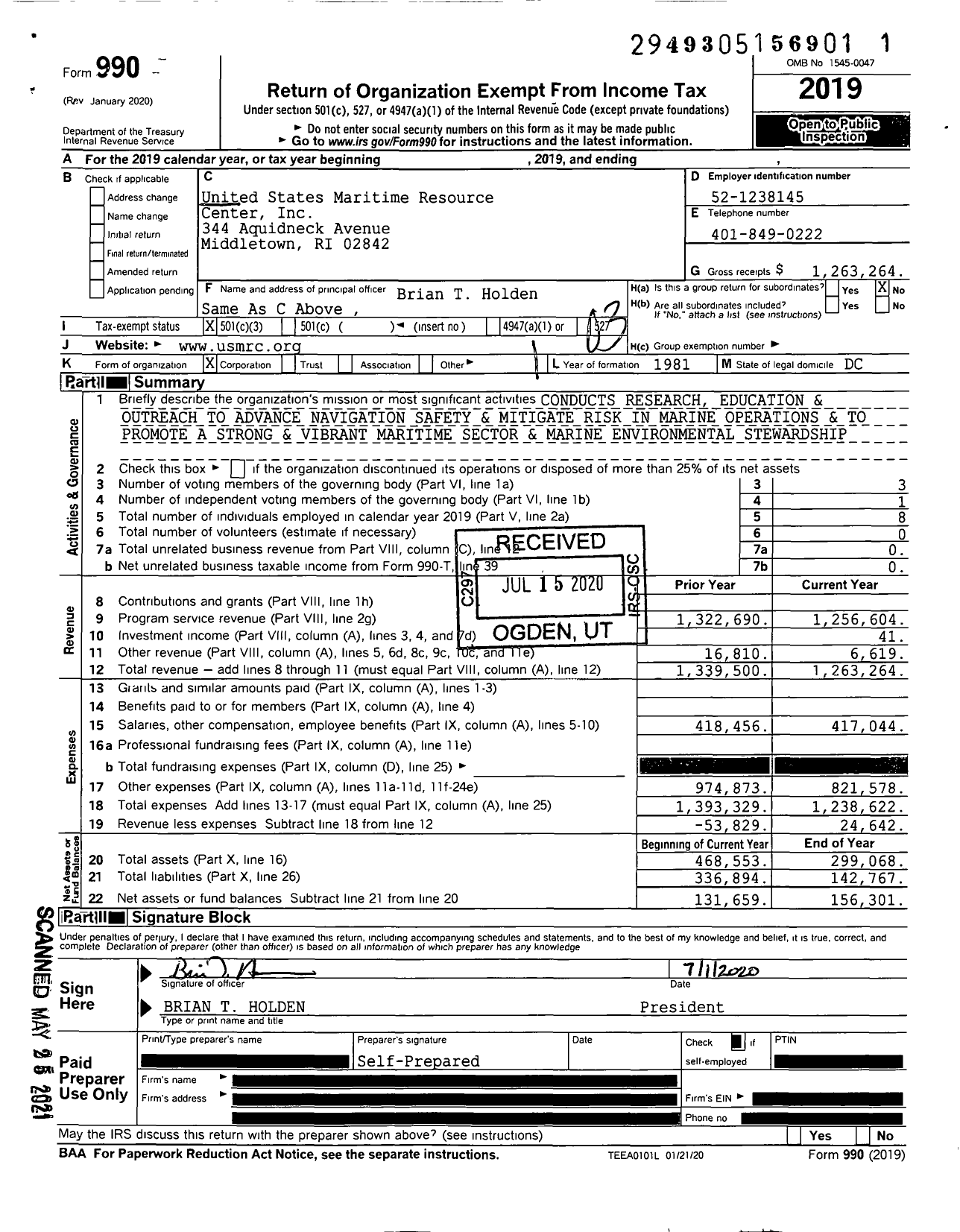 Image of first page of 2019 Form 990 for United States Maritime Resource Center (USMRC)