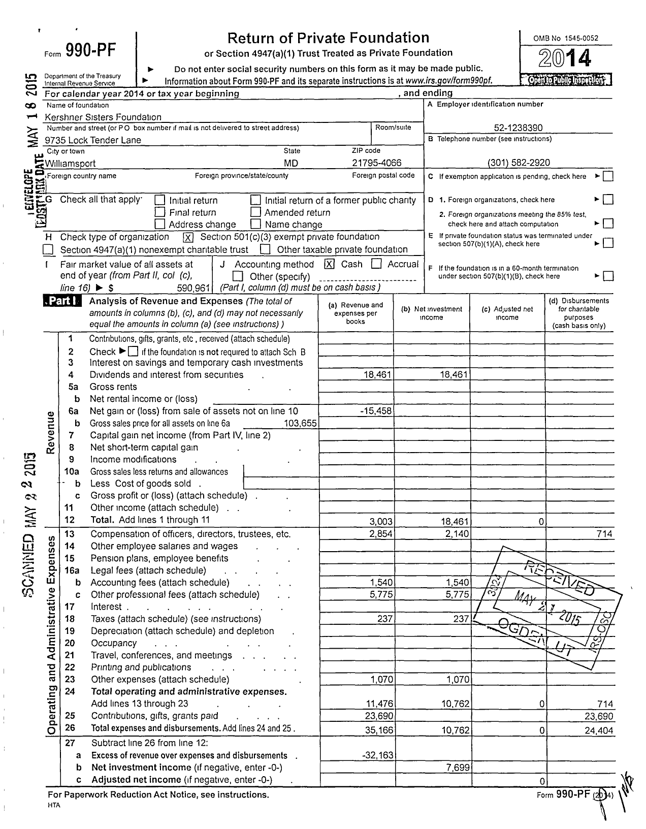 Image of first page of 2014 Form 990PF for Kershner Sisters Foundation