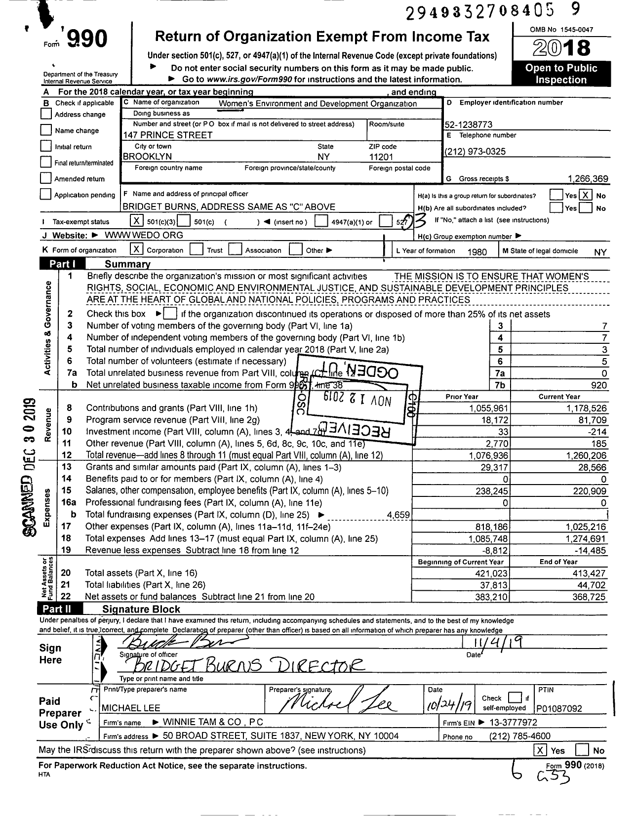 Image of first page of 2018 Form 990 for Womens Environment and Development Organization (WEDO)