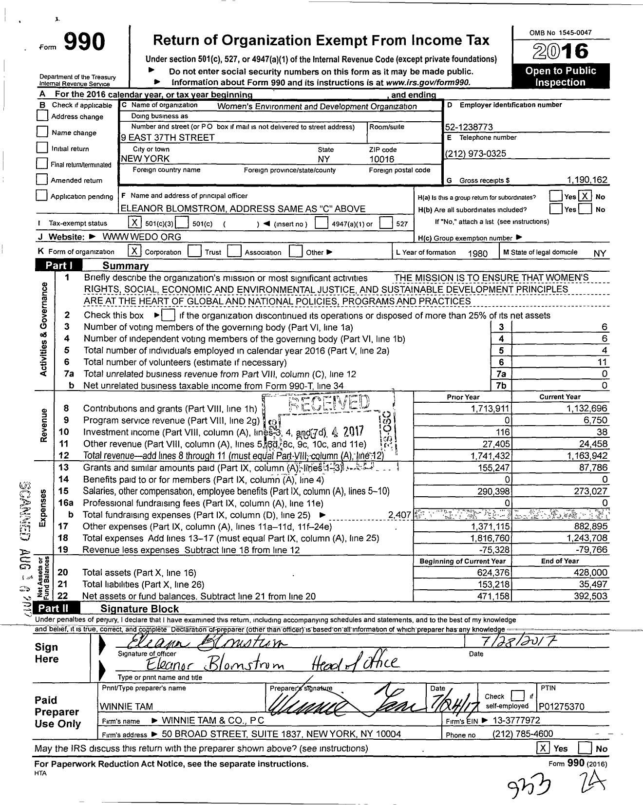 Image of first page of 2016 Form 990 for Womens Environment and Development Organization (WEDO)