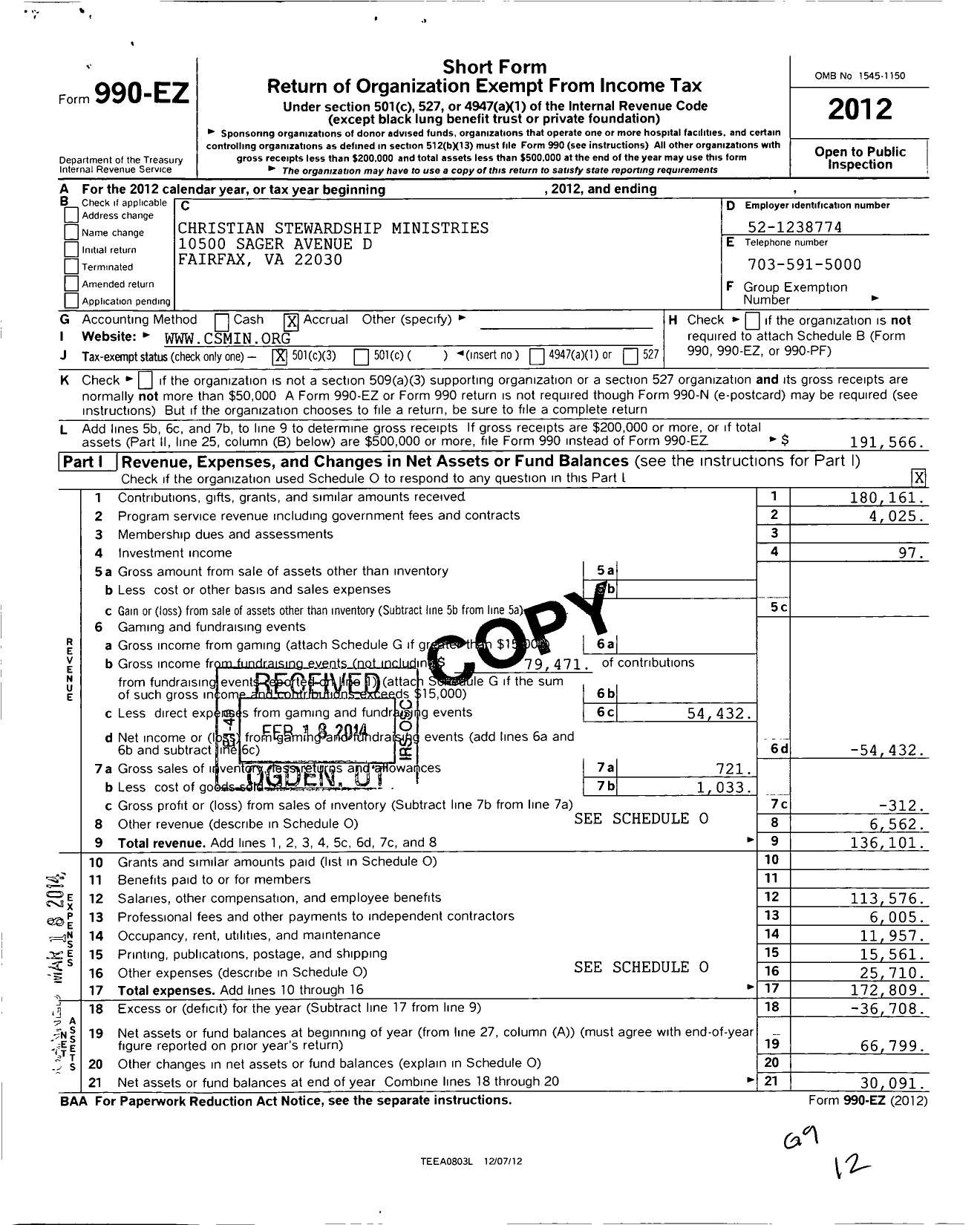 Image of first page of 2012 Form 990EZ for Christian Stewardship Ministries