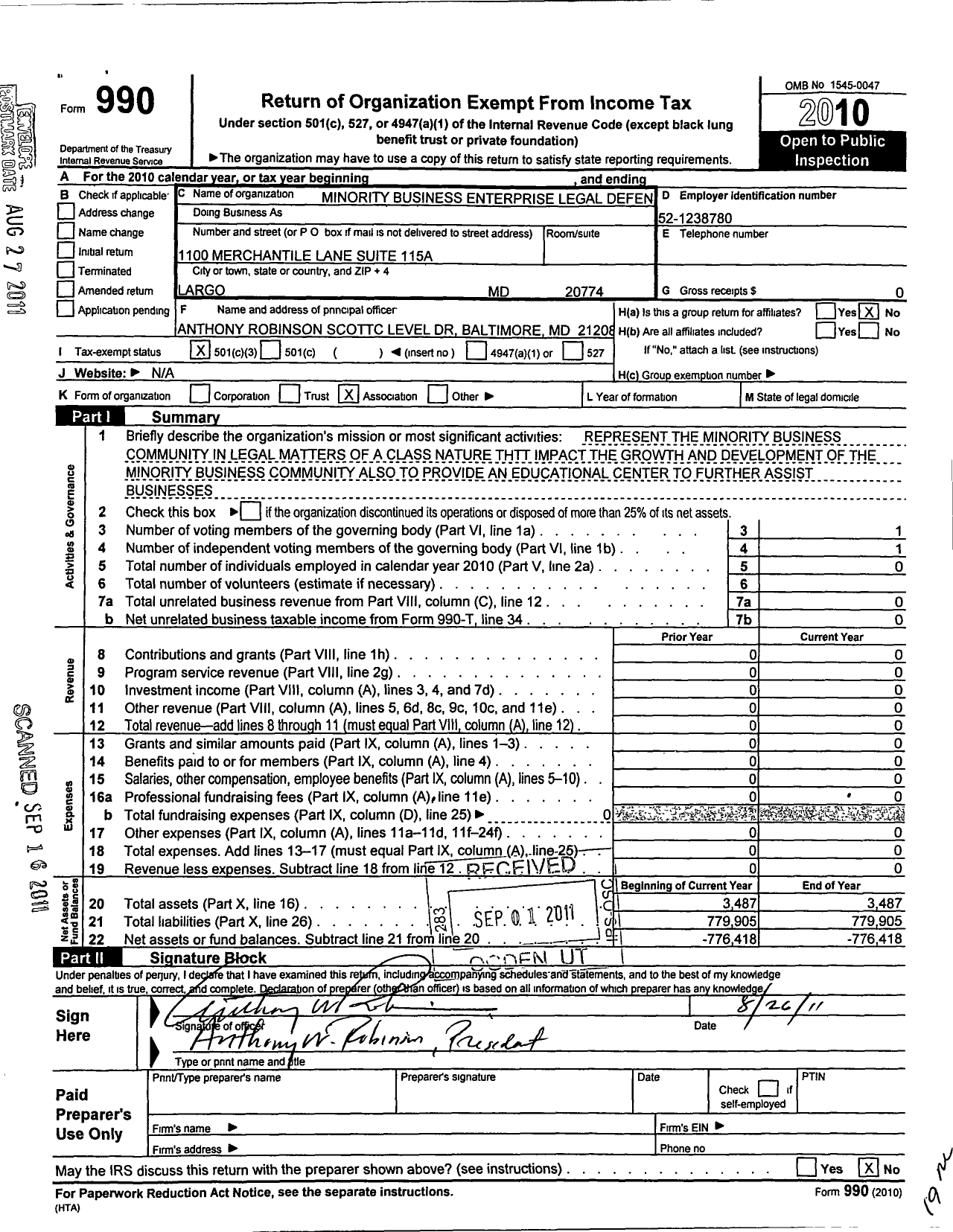 Image of first page of 2010 Form 990 for Minority Business Legal Defense and Education Fund