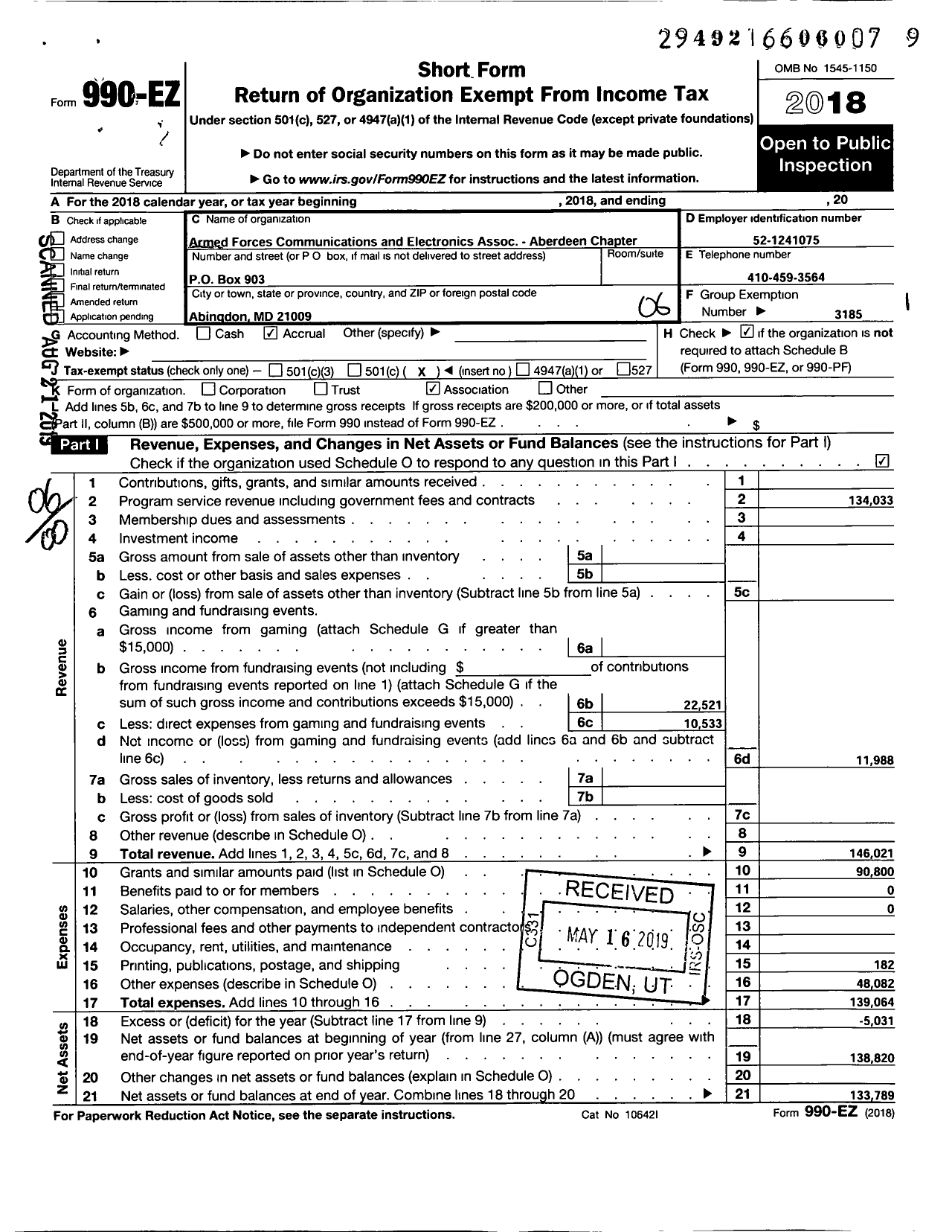 Image of first page of 2018 Form 990EO for Armed Forces Communications and Electronics Association / Aberdeen Chapter