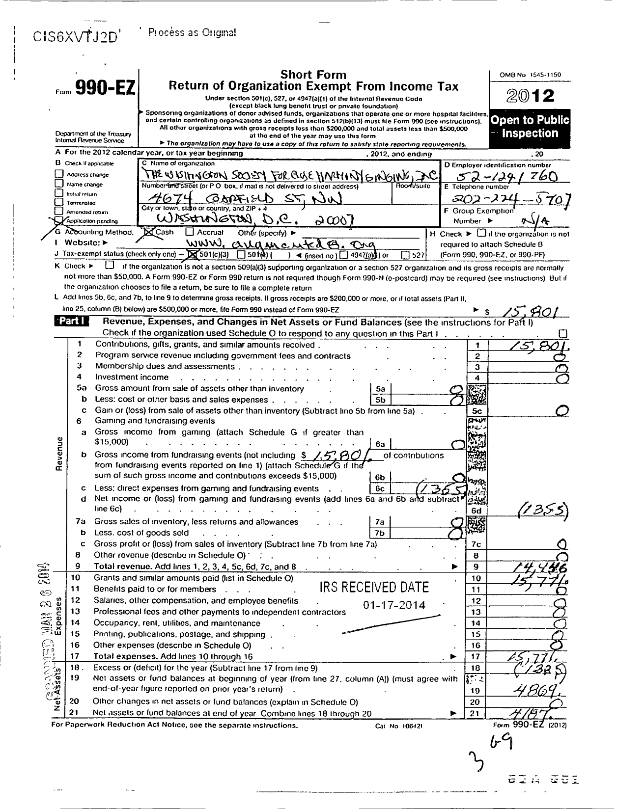 Image of first page of 2012 Form 990EZ for The Washington Society for Close Harmony Singing