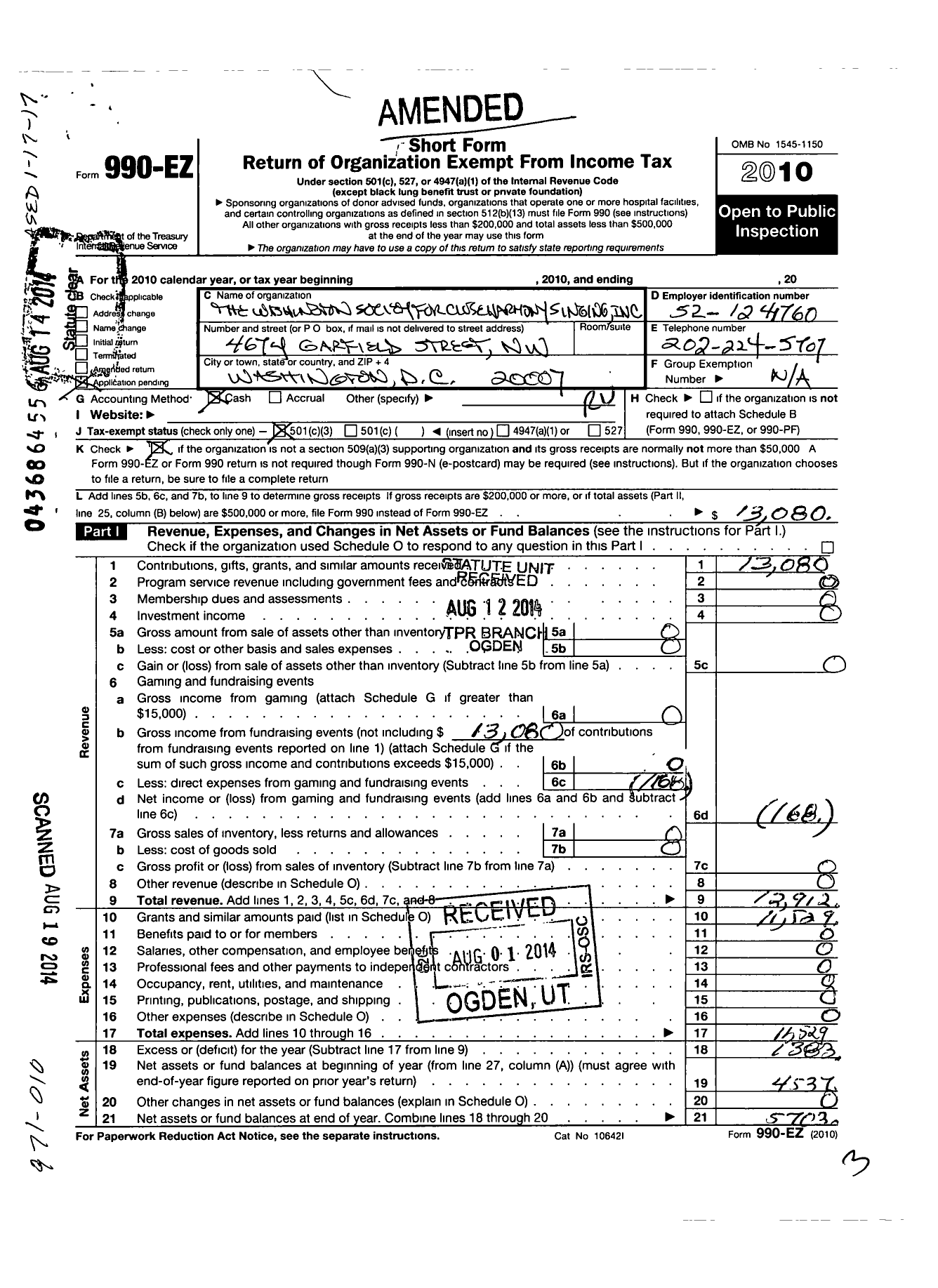 Image of first page of 2010 Form 990EZ for The Washington Society for Close Harmony Singing