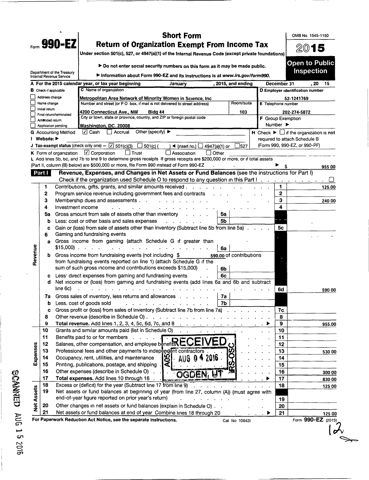 Image of first page of 2015 Form 990EZ for Metropolitan Area Network of Minority Women in Science