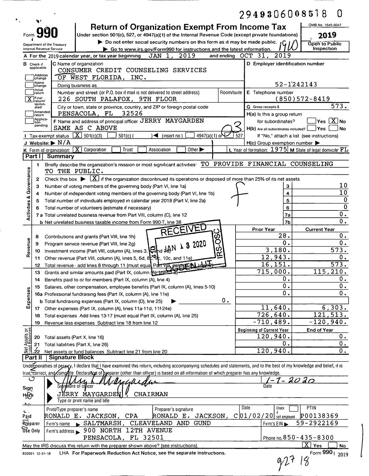 Image of first page of 2018 Form 990 for Consumer Credit Counseling Services of West Florida