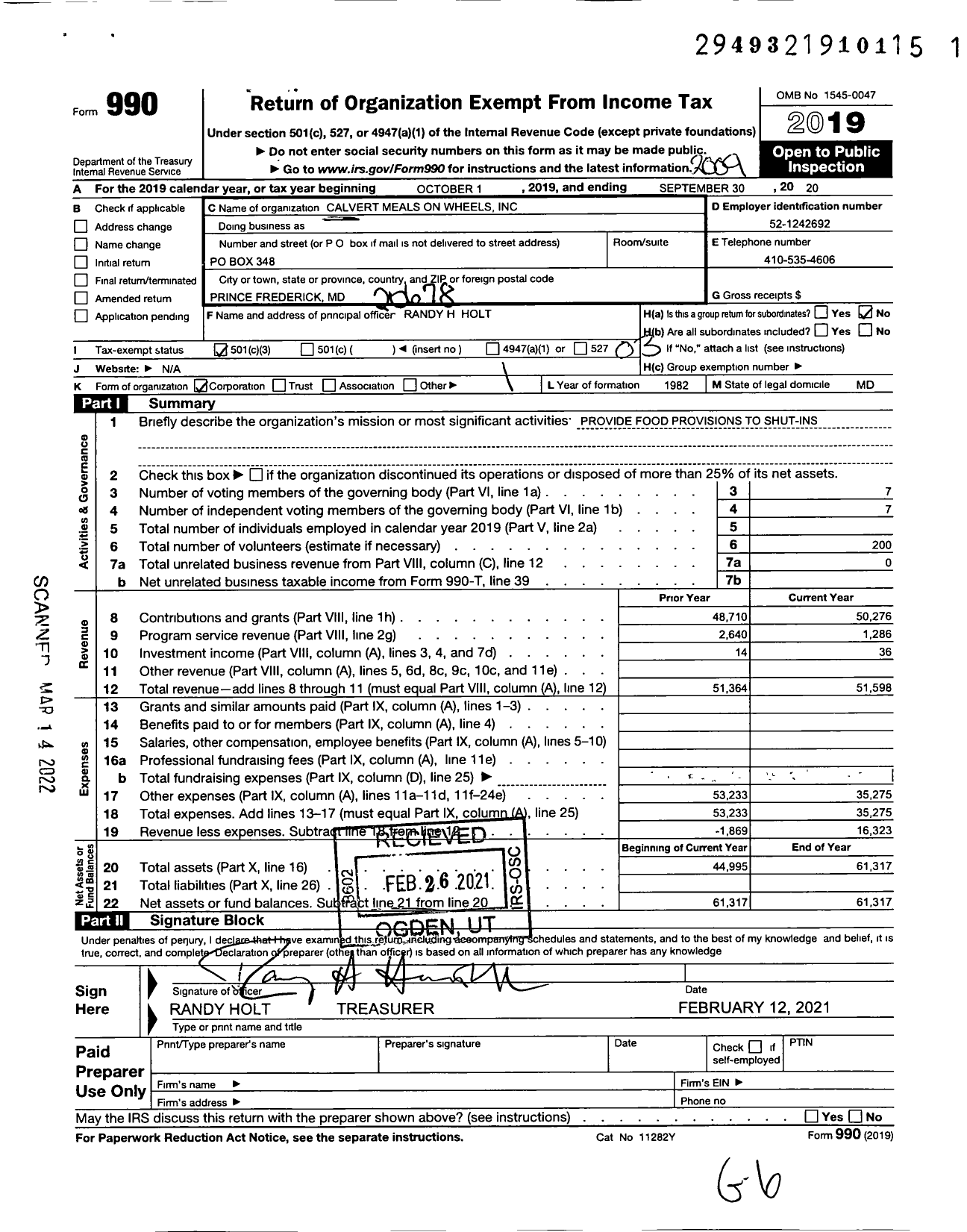 Image of first page of 2019 Form 990 for Calvert Meals on Wheels