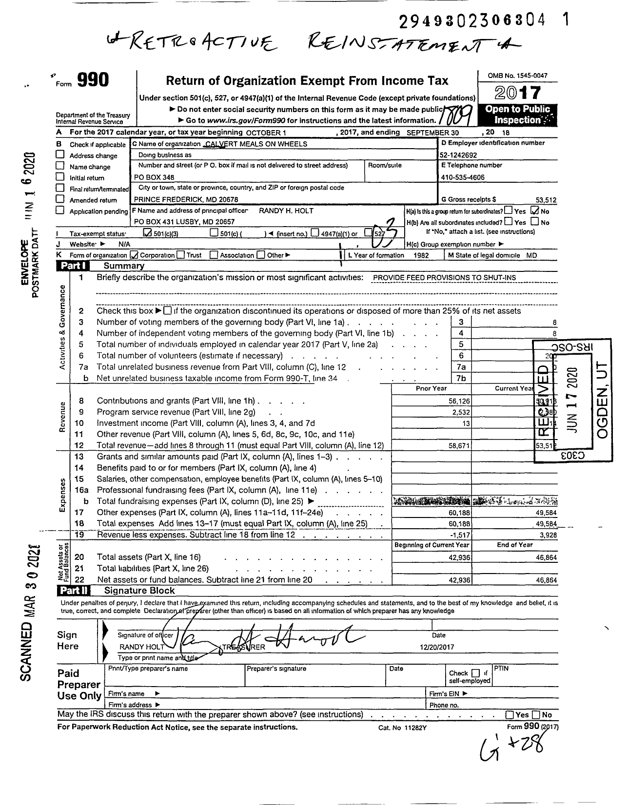 Image of first page of 2017 Form 990 for Calvert Meals on Wheels