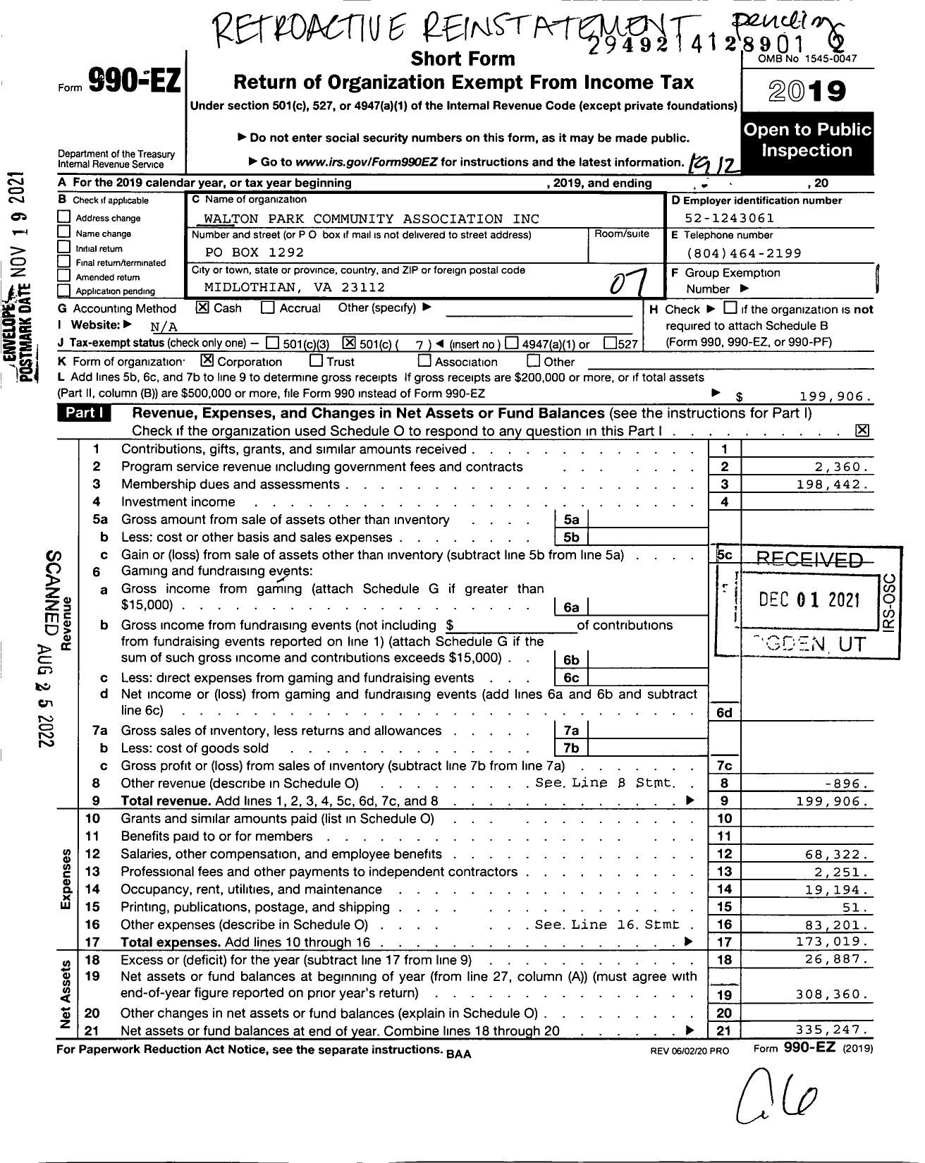 Image of first page of 2020 Form 990EO for Walton Park Community Association