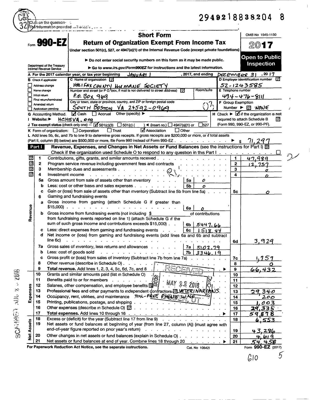 Image of first page of 2017 Form 990EZ for The Halifax County Humane Society