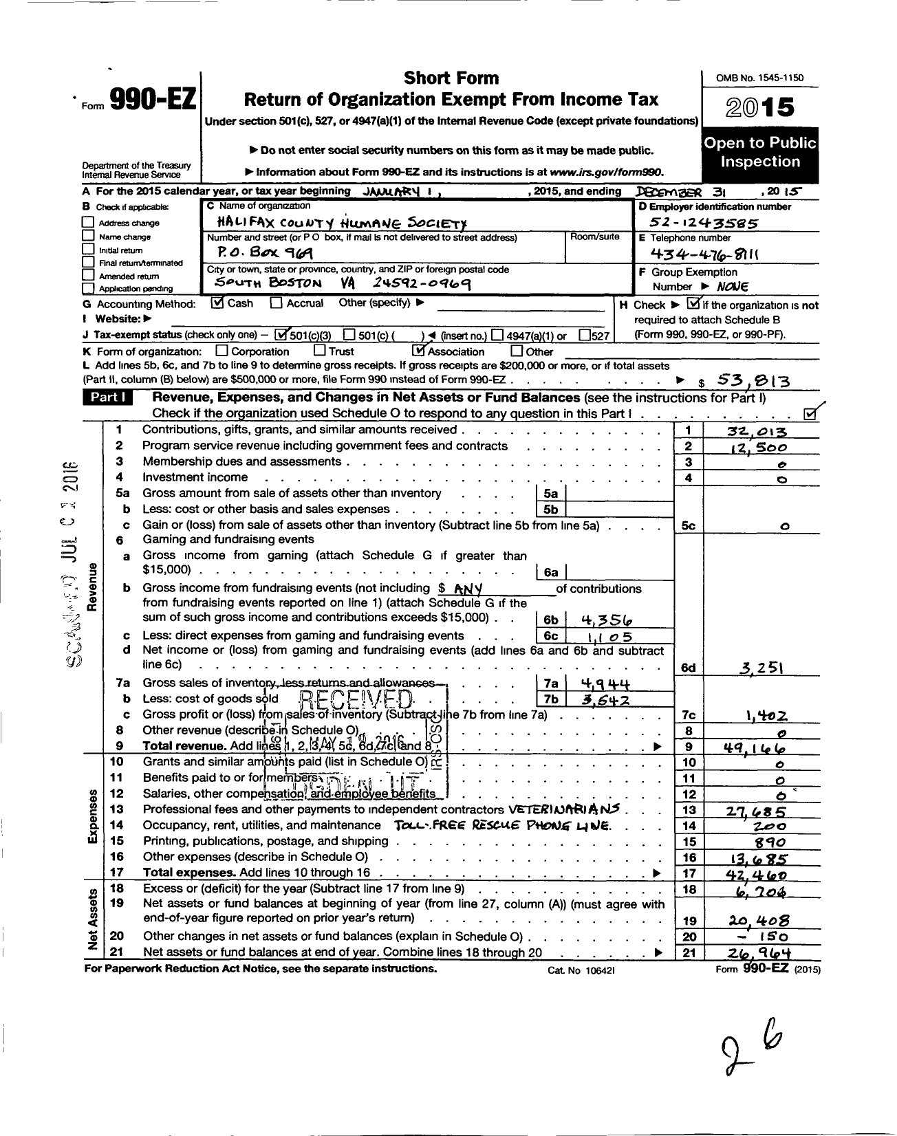 Image of first page of 2015 Form 990EZ for The Halifax County Humane Society