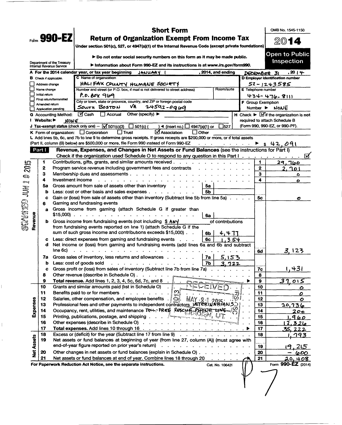 Image of first page of 2014 Form 990EZ for The Halifax County Humane Society